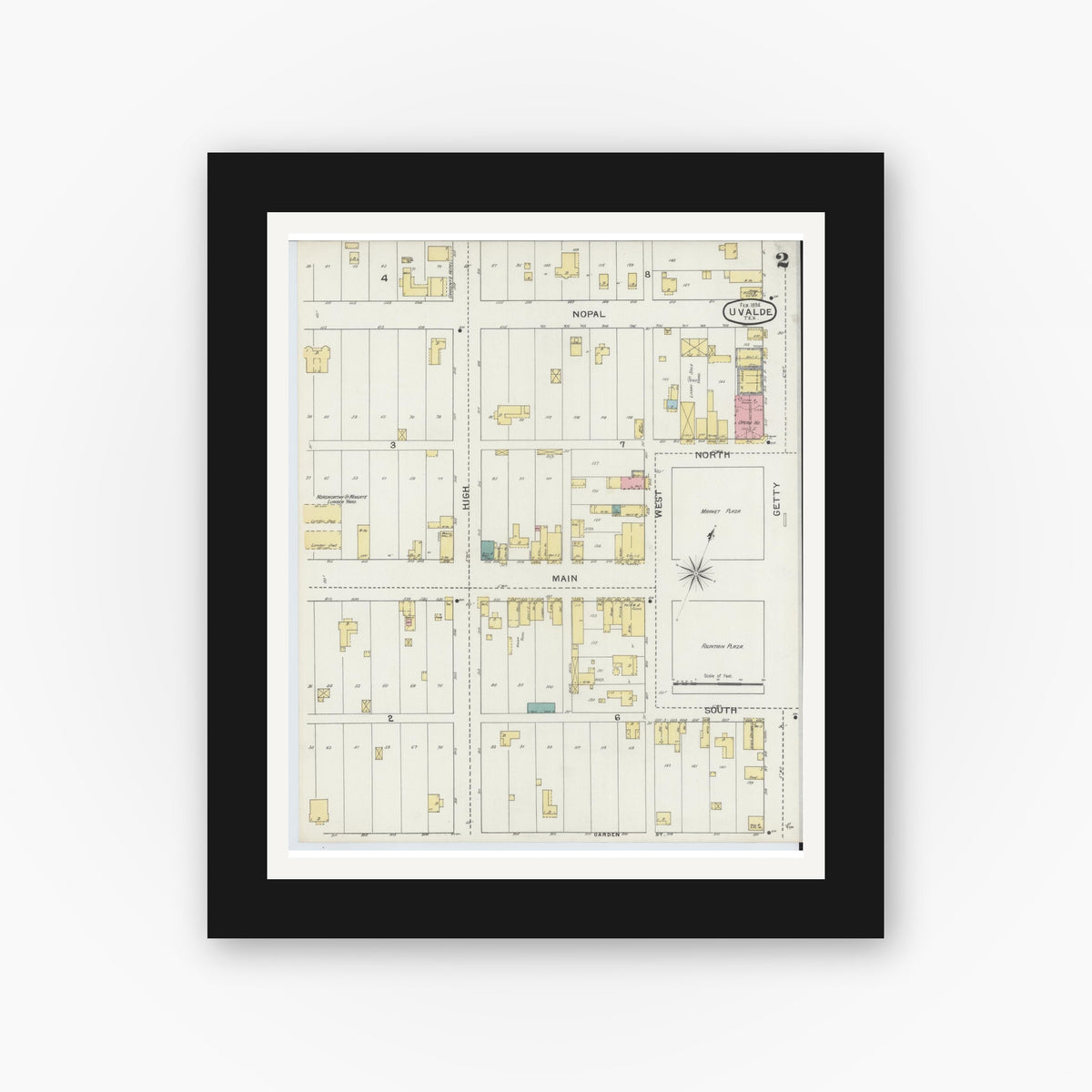 Old map wall art mockup — black gallery frame with white mat — Sanborn Fire Insurance Map from Uvalde, Uvalde County, Texas (1894), Sheet #0002