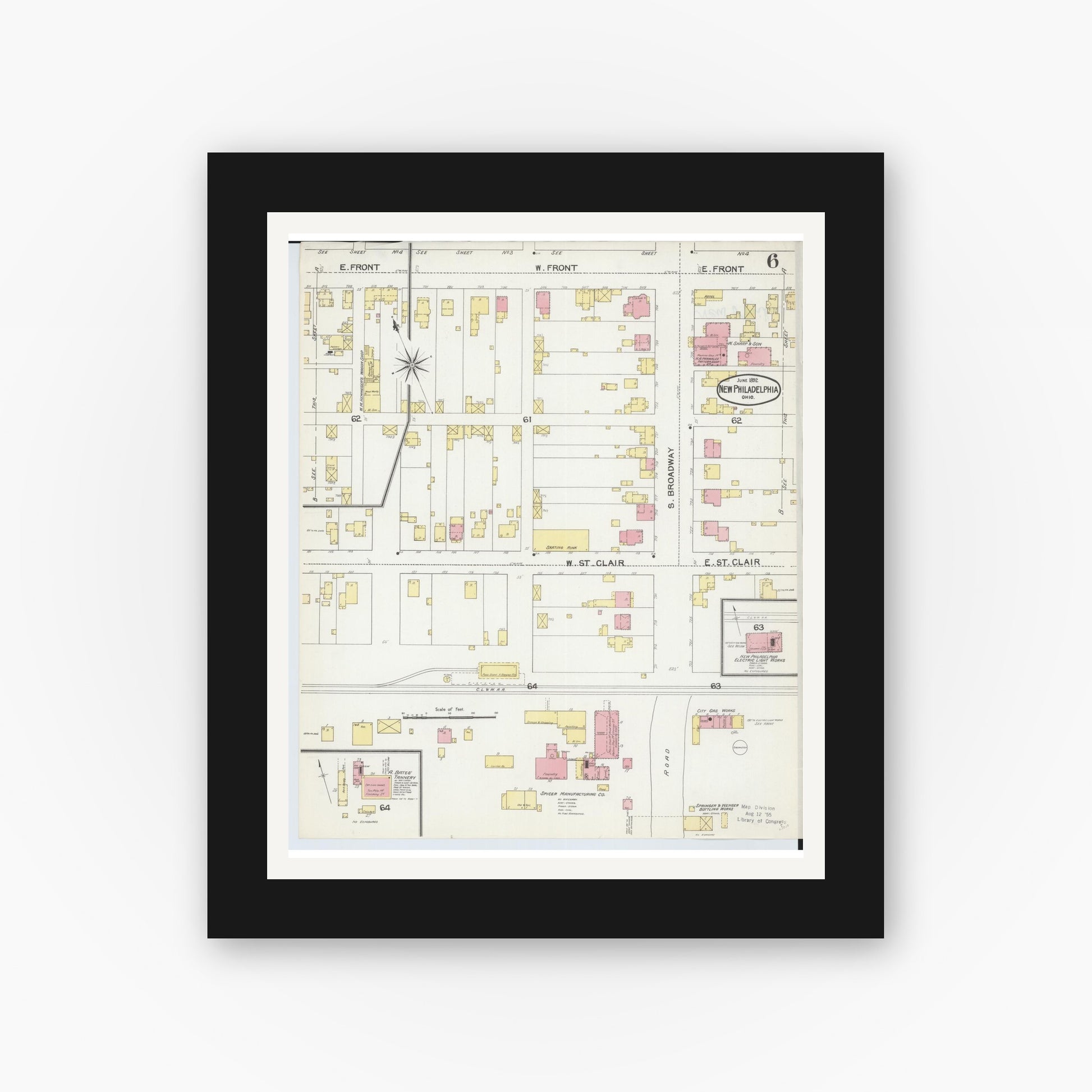 Old map wall art mockup — black gallery frame with white mat — Sanborn Fire Insurance Map from New Philadelphia, Tuscarawas County, Ohio (1892), Sheet #0006