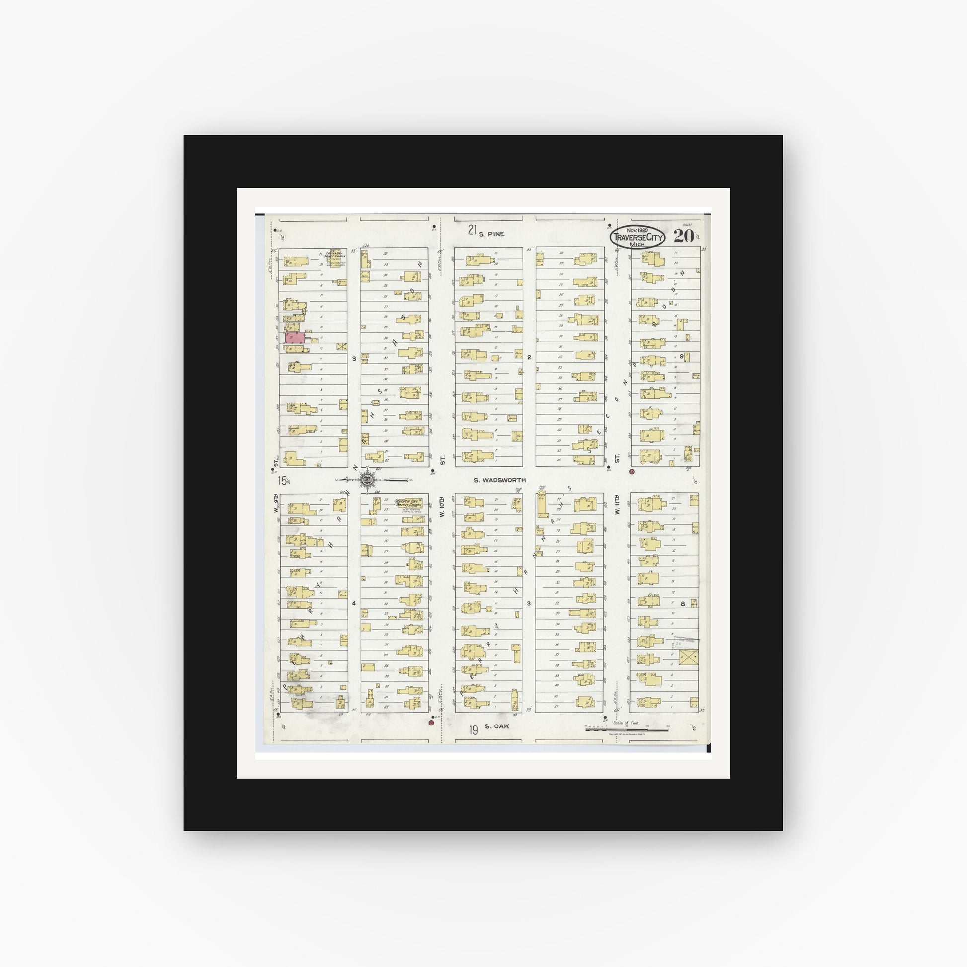 Old map wall art mockup — black gallery frame with white mat — Sanborn Fire Insurance Map from Traverse City, Grand Traverse County, Michigan (1920), Sheet #0020