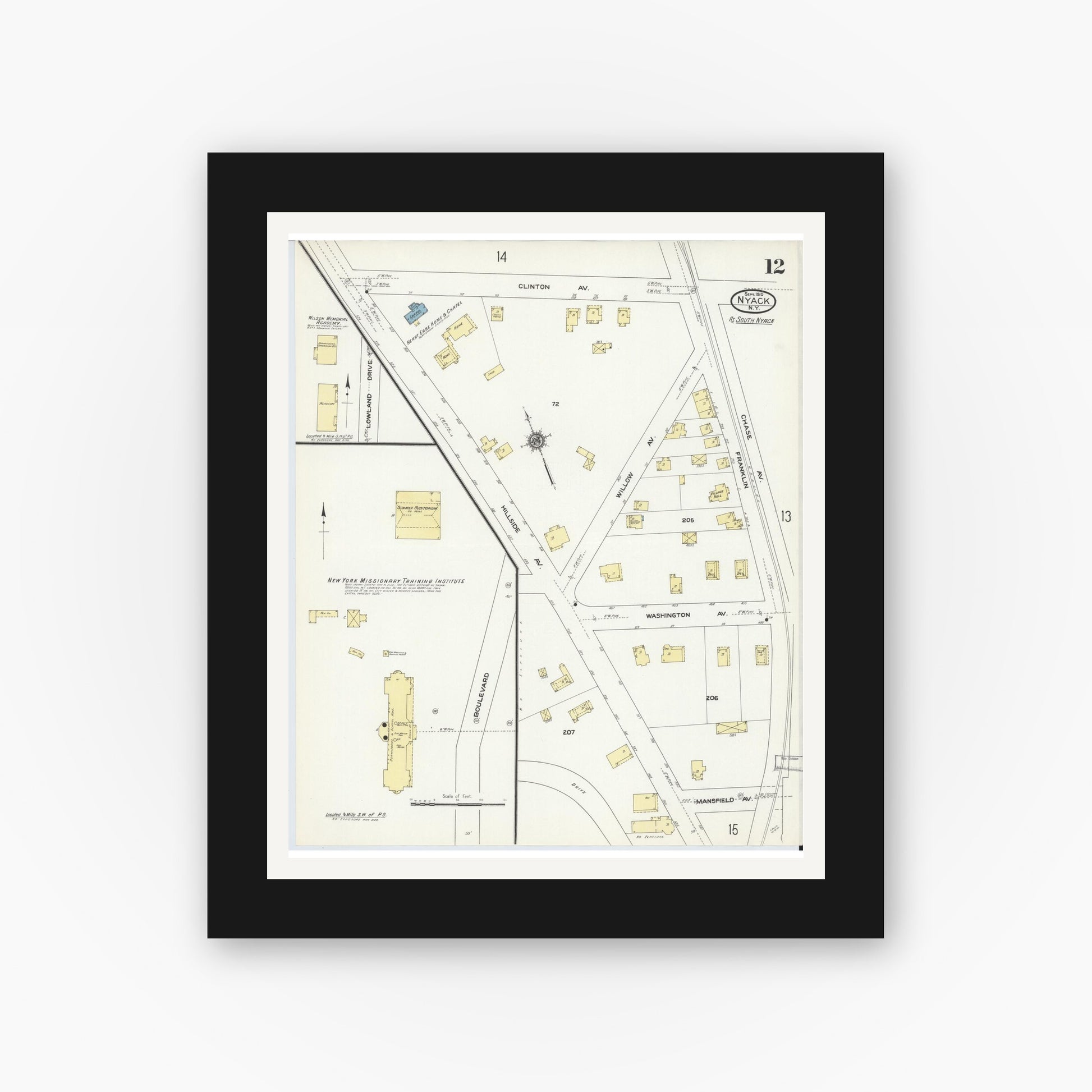 Old map wall art mockup — black gallery frame with white mat — Sanborn Fire Insurance Map from Nyack, Rockland County, New York. (1910), Sheet #0012