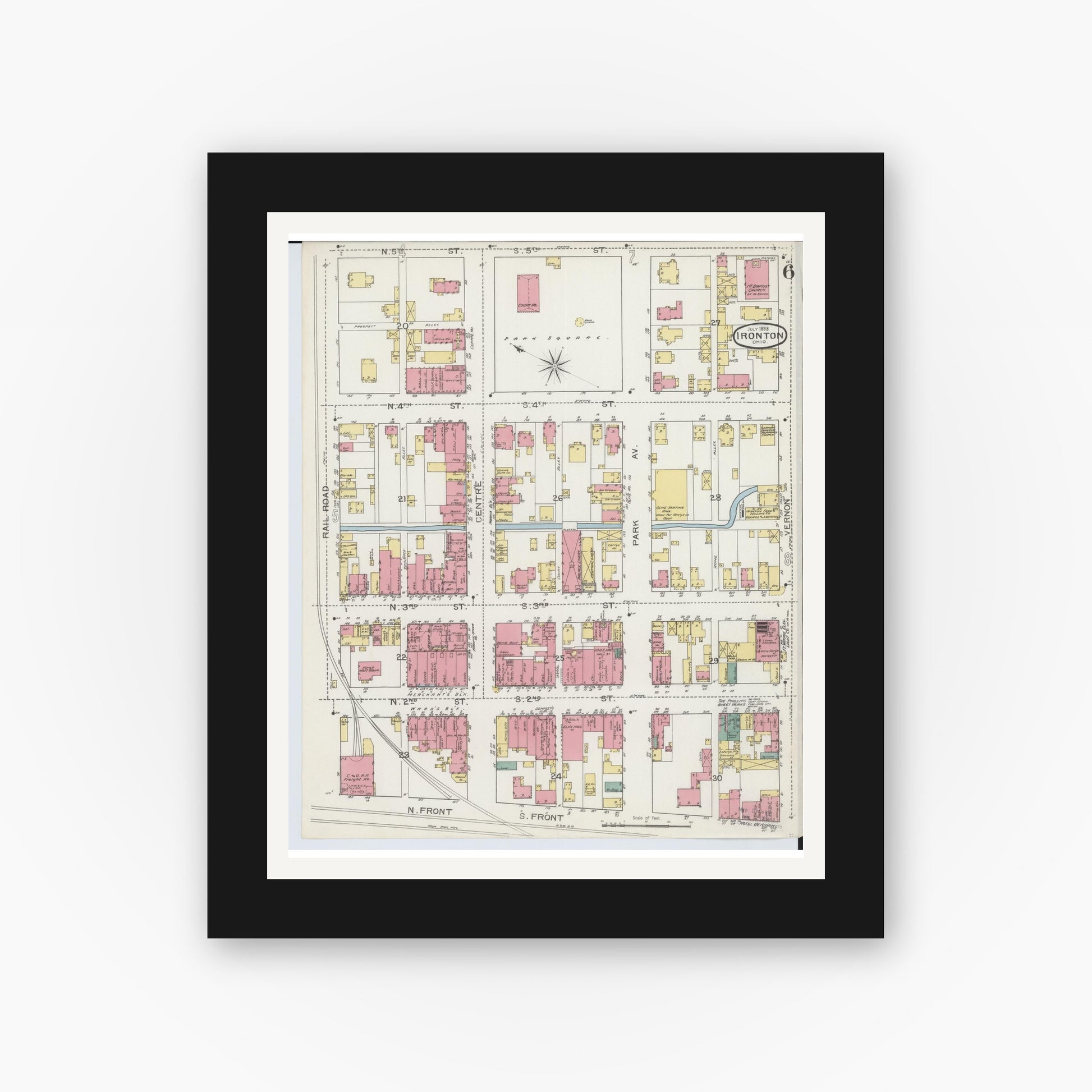 Old map wall art mockup — black gallery frame with white mat — Sanborn Fire Insurance Map from Ironton, Lawrence County, Ohio (1893), Sheet #0006