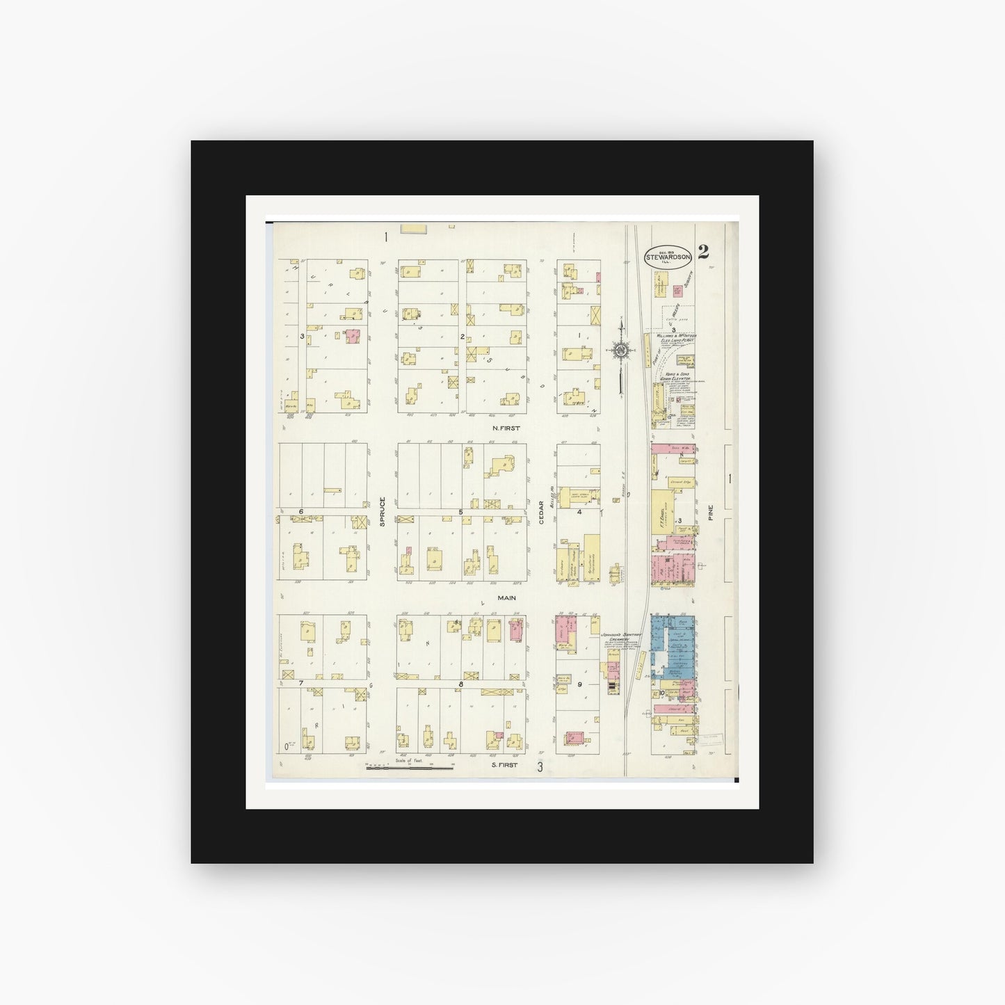 Old map wall art mockup — black gallery frame with white mat — Sanborn Fire Insurance Map from Stewardson, Shelby County, Illinois (1913), Sheet #0002