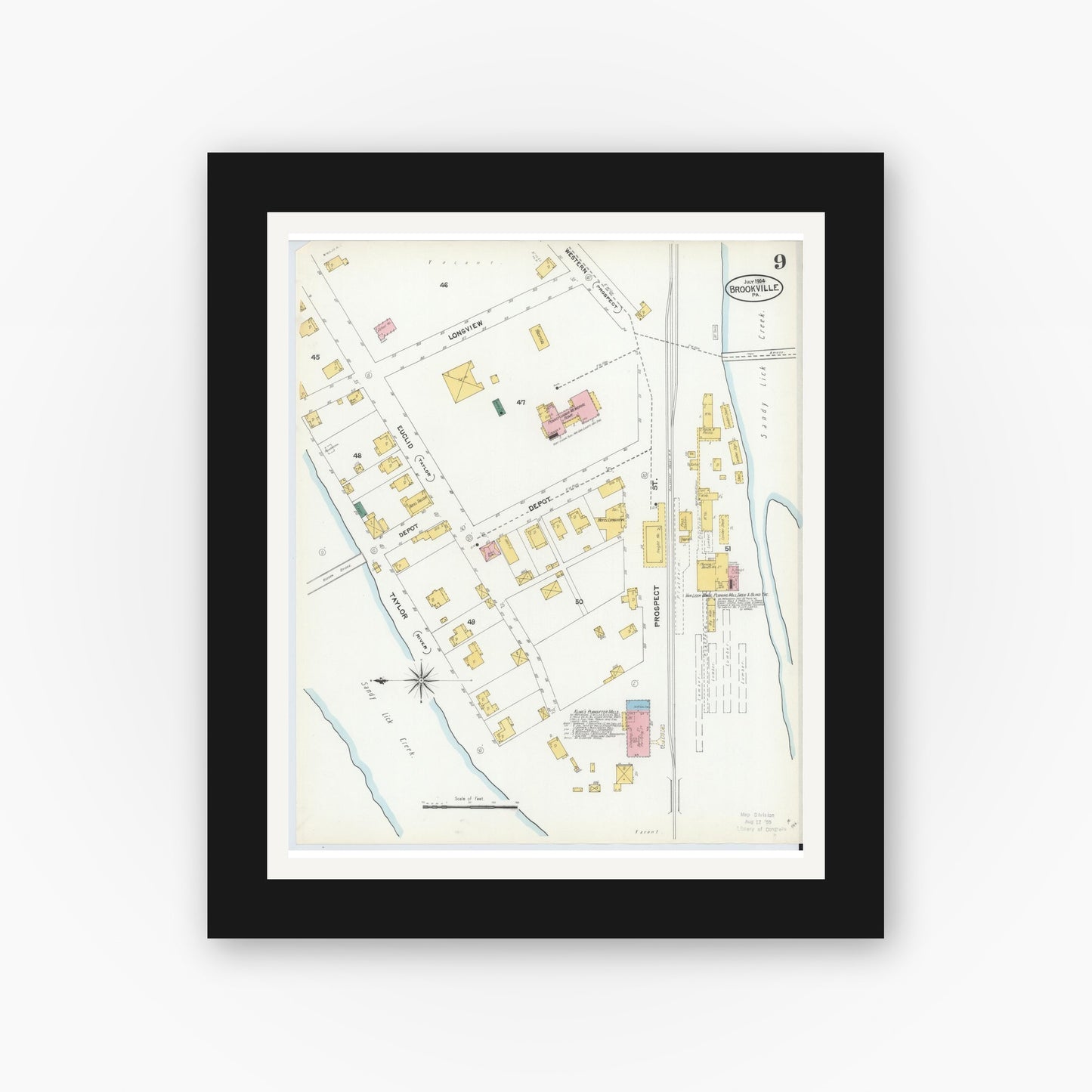 Old map wall art mockup — black gallery frame with white mat — Sanborn Fire Insurance Map from Brookville, Jefferson County, Pennsylvania (1904), Sheet #0009