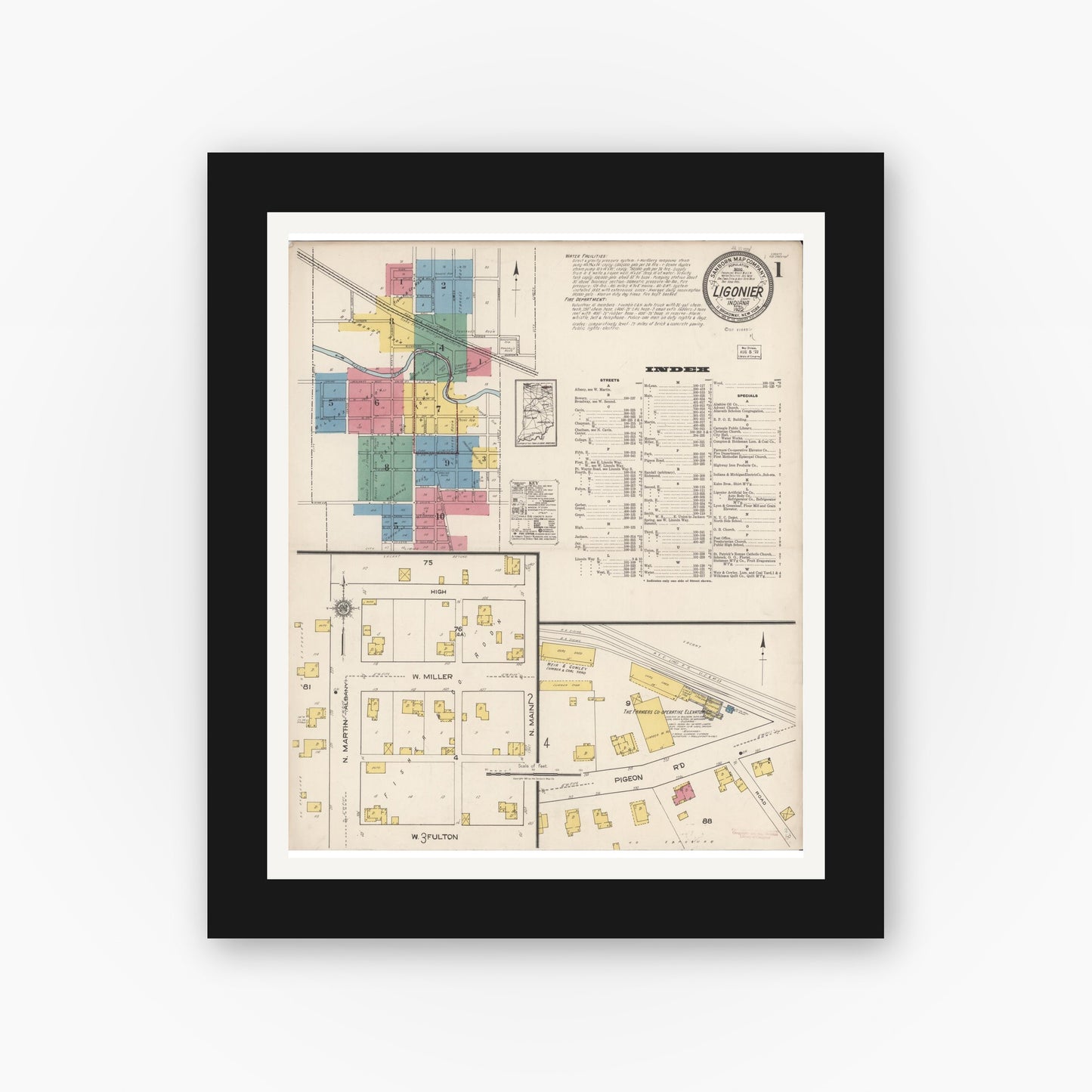 Old map wall art mockup — black gallery frame with white mat — Sanborn Fire Insurance Map from Ligonier, Noble County, Indiana (1922) - Complete Map Set