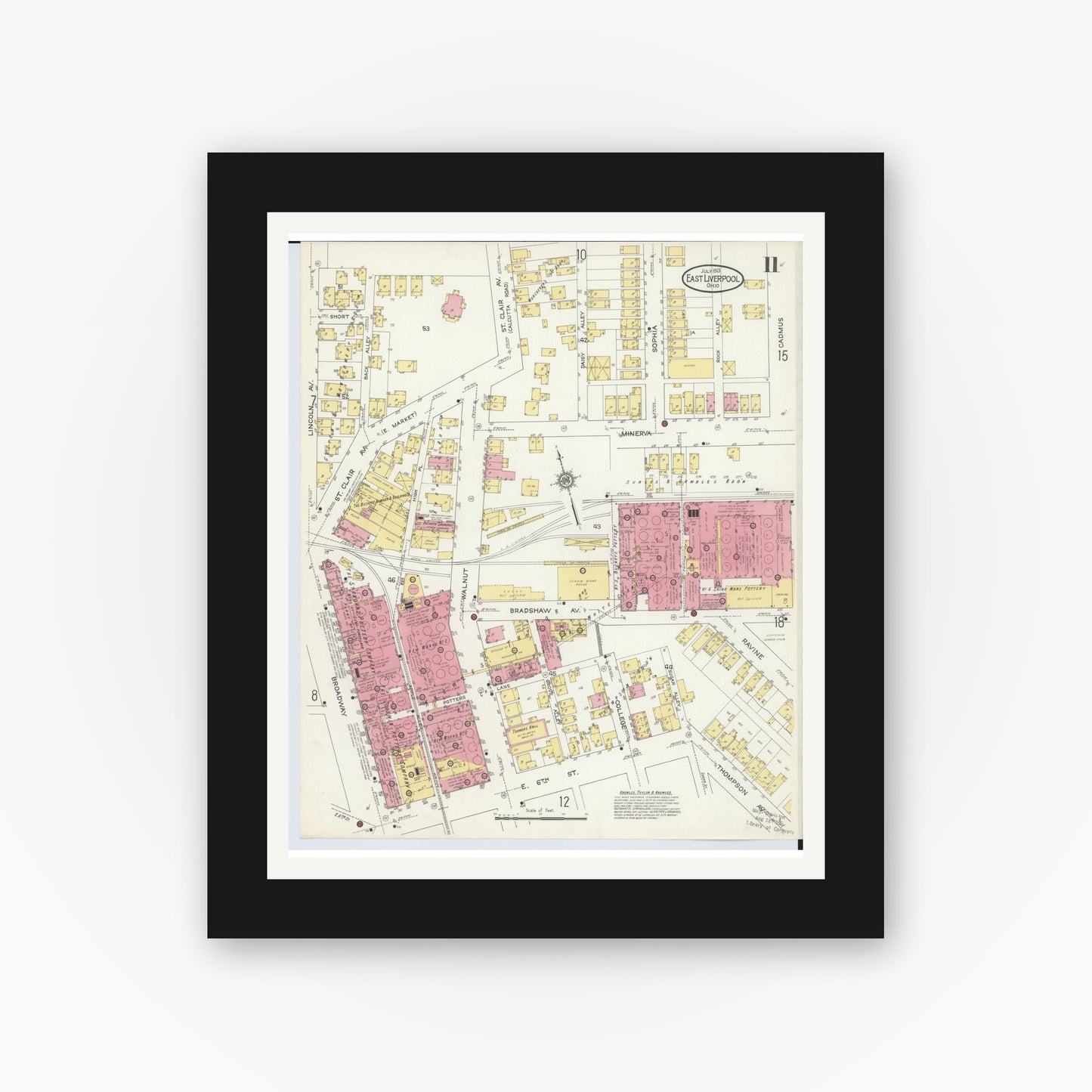 Old map wall art mockup — black gallery frame with white mat — Sanborn Fire Insurance Map from East Liverpool, Columbiana County, Ohio (1913), Sheet #0011