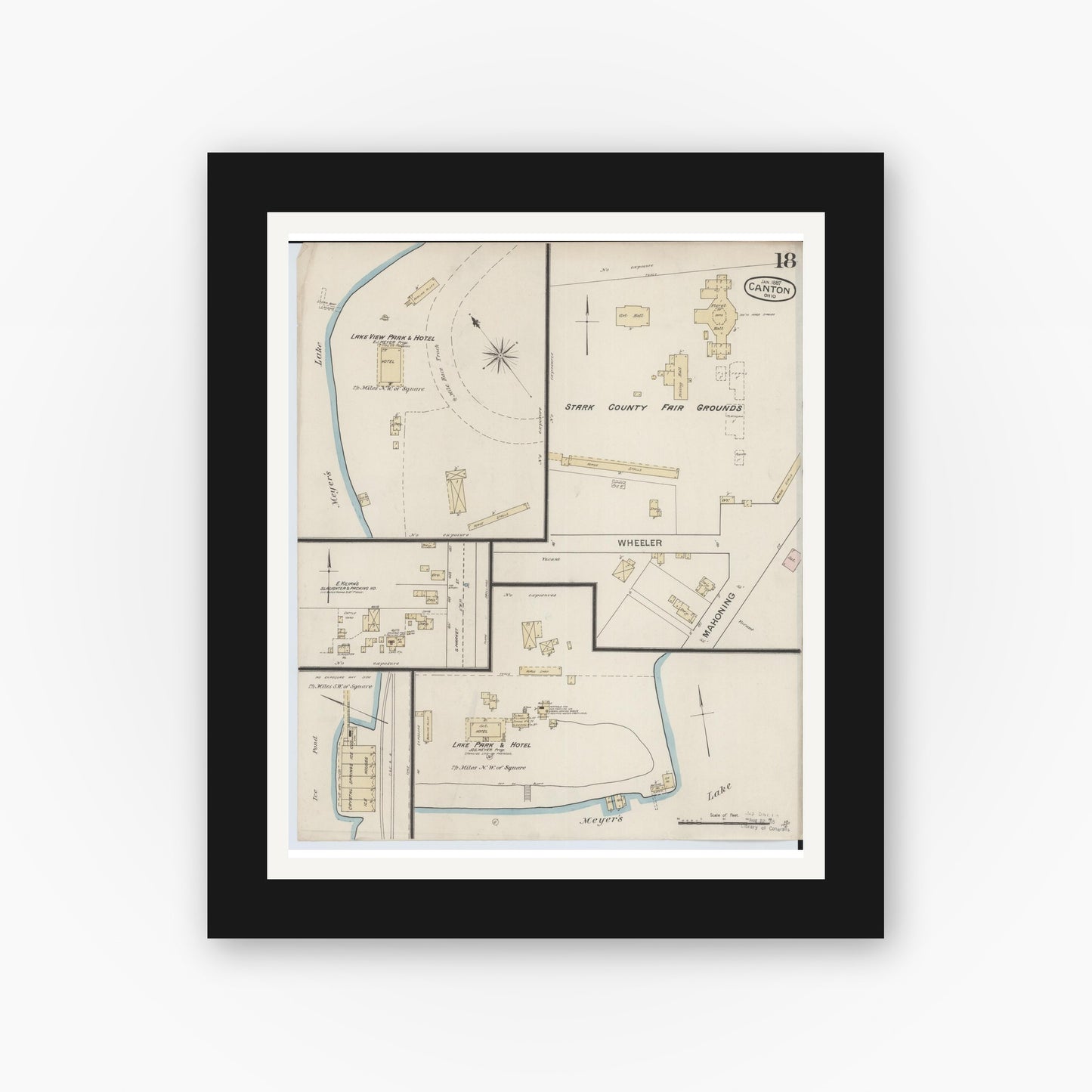 Old map wall art mockup — black gallery frame with white mat — Sanborn Fire Insurance Map from Canton, Stark County, Ohio (1887), Sheet #0018