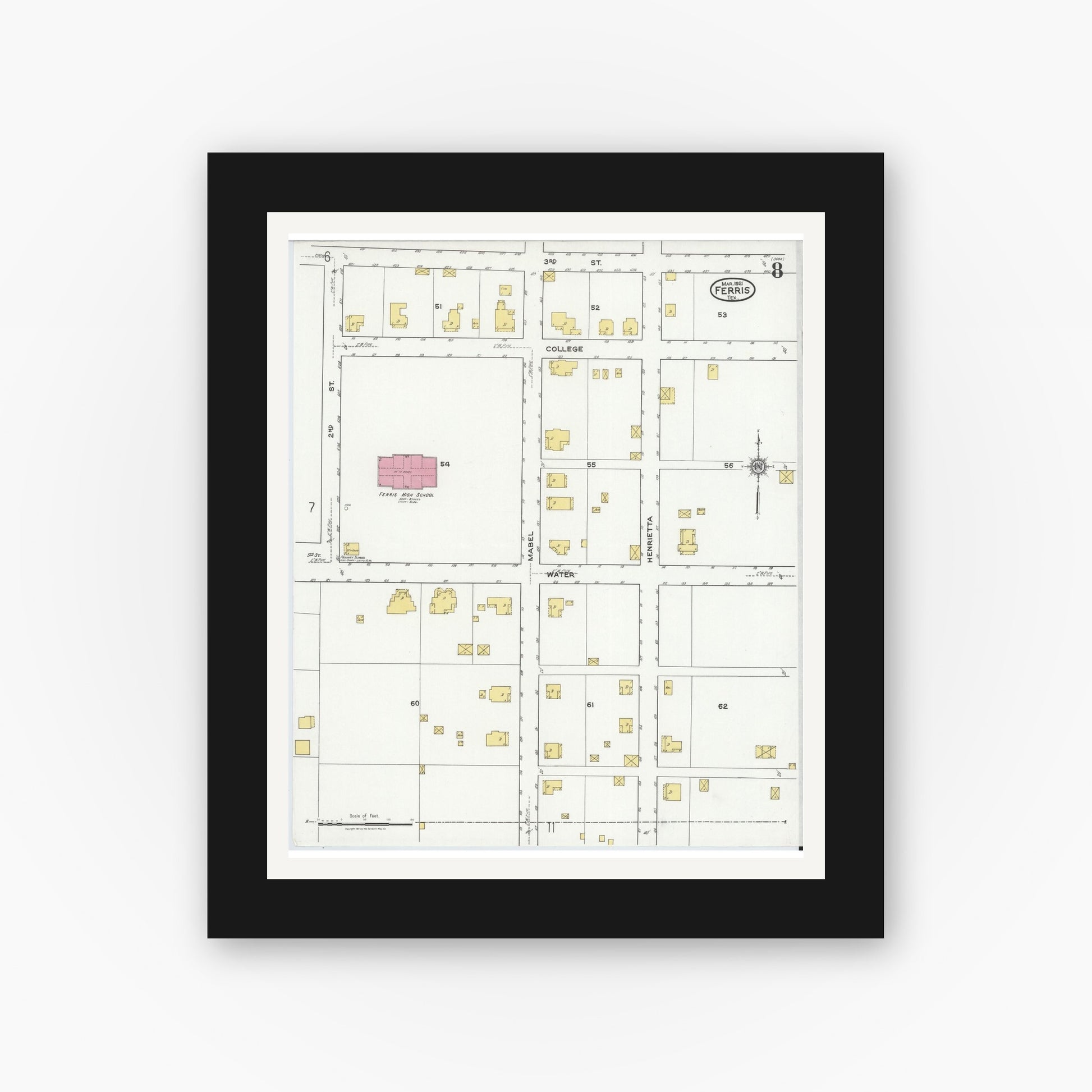 Old map wall art mockup — black gallery frame with white mat — Sanborn Fire Insurance Map from Ferris, Ellis County, Texas (1921), Sheet #0008