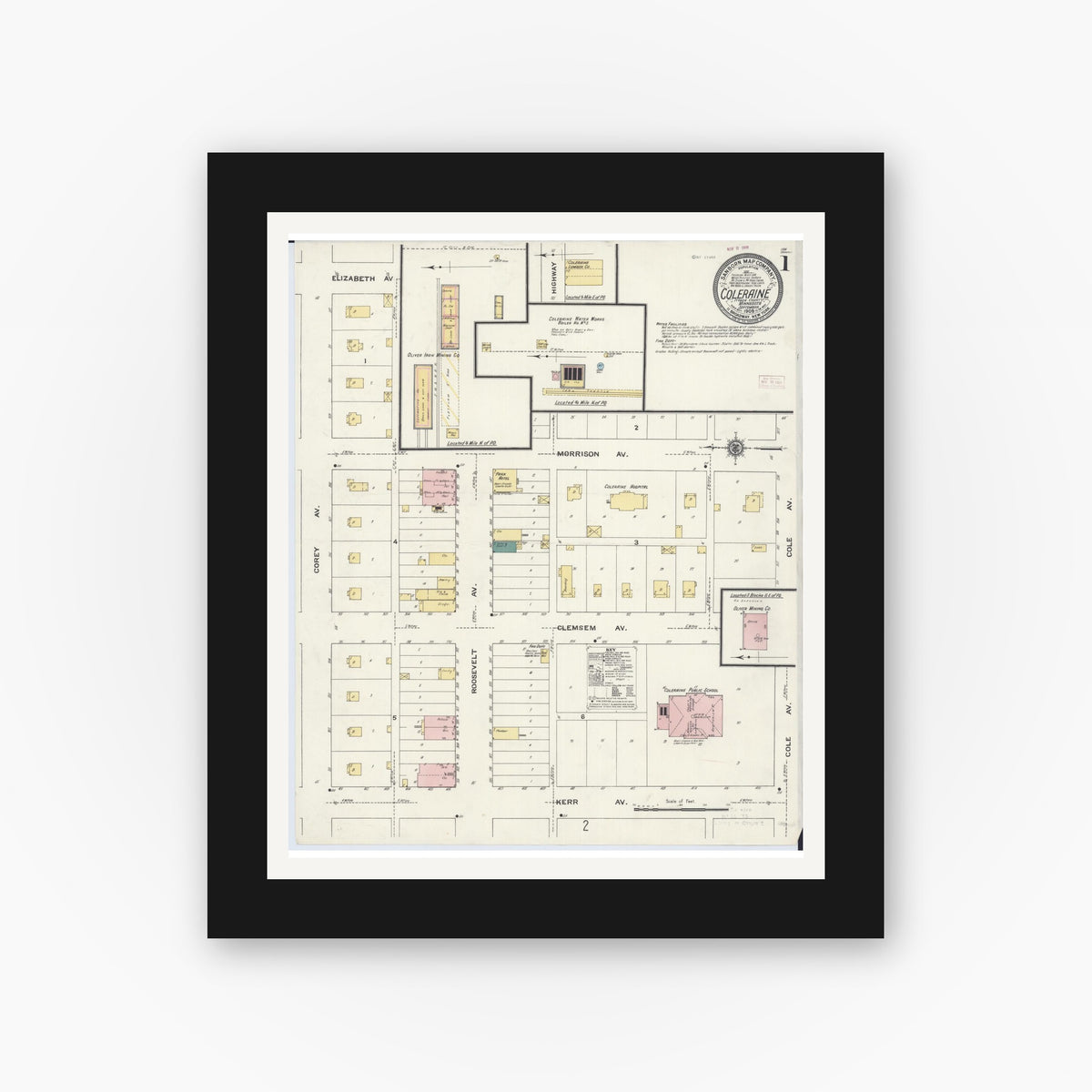Old map wall art mockup — black gallery frame with white mat — Sanborn Fire Insurance Map from Coleraine, Itasca County, Minnesota (1909) - Complete Map Set