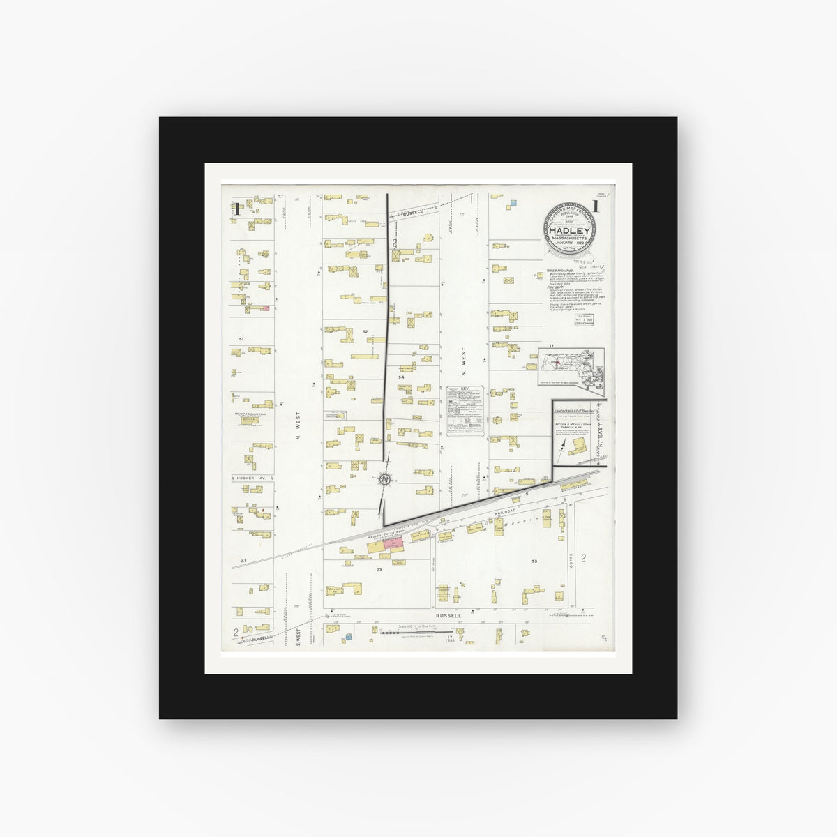 Old map wall art mockup — black gallery frame with white mat — Sanborn Fire Insurance Map from Waltham, Middlesex County, Massachusetts (1892) - Complete Map Set