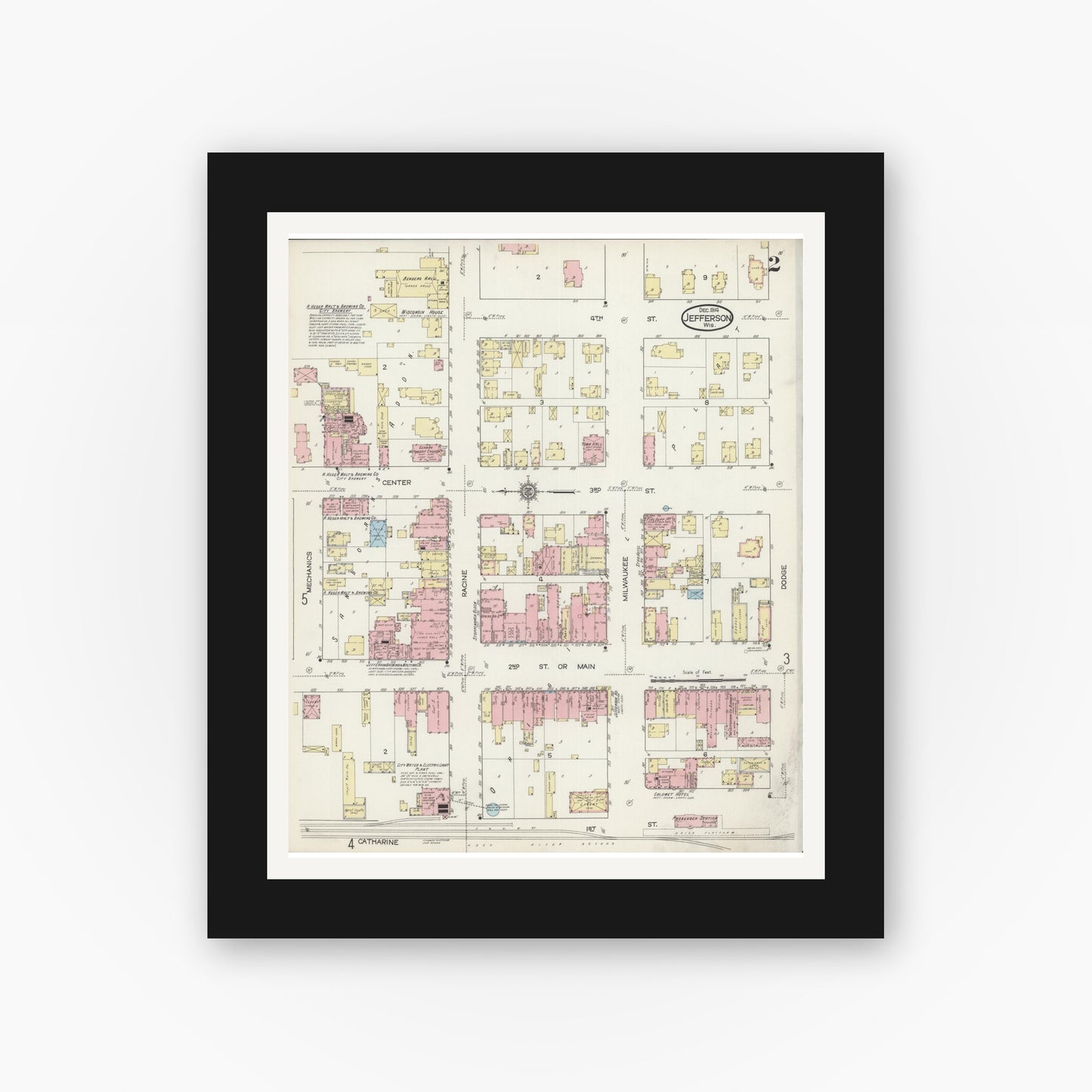 Old map wall art mockup — black gallery frame with white mat — Sanborn Fire Insurance Map from Jefferson, Jefferson County, Wisconsin (1914), Sheet #0002