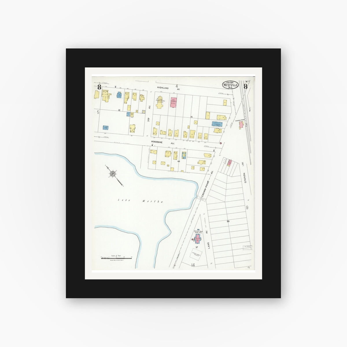 Old map wall art mockup — black gallery frame with white mat — Sanborn Fire Insurance Map from Westville, Gloucester County, New Jersey (1926), Sheet #0008