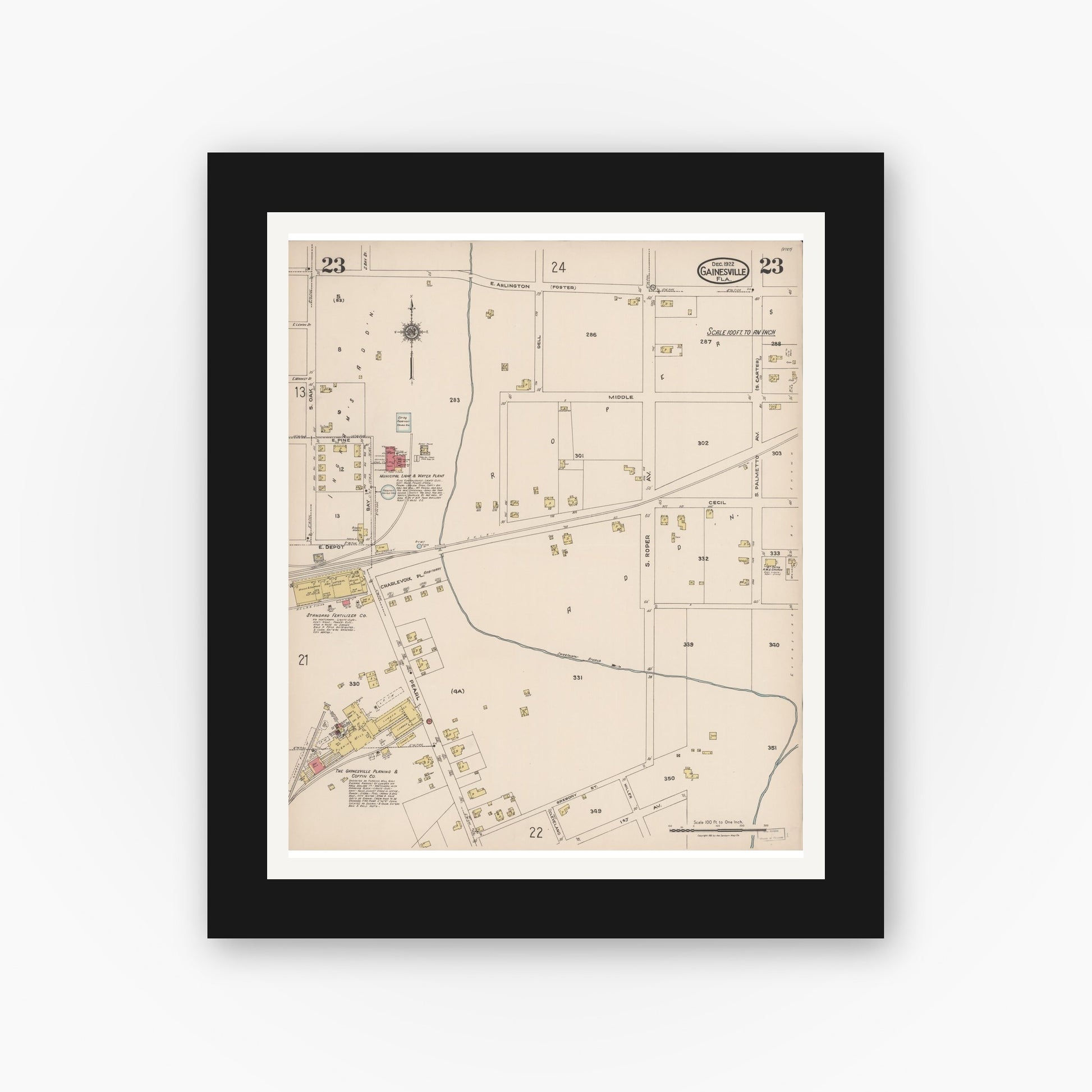 Old map wall art mockup — black gallery frame with white mat — Sanborn Fire Insurance Map from Gainesville, Alachua County, Florida (1922), Sheet #0023