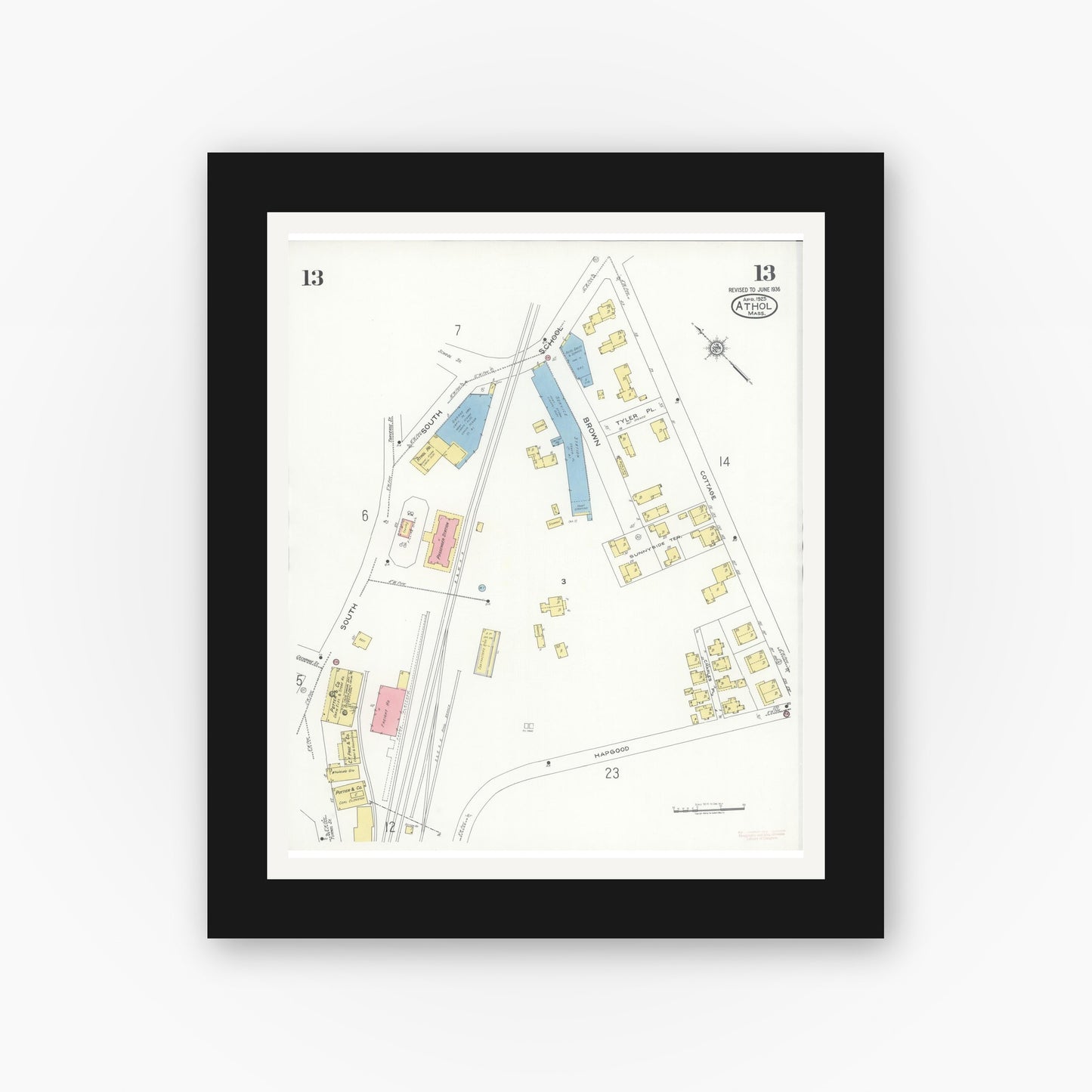 Old map wall art mockup — black gallery frame with white mat — Sanborn Fire Insurance Map from Athol, Worcester County, Massachusetts (1936), Sheet #0013