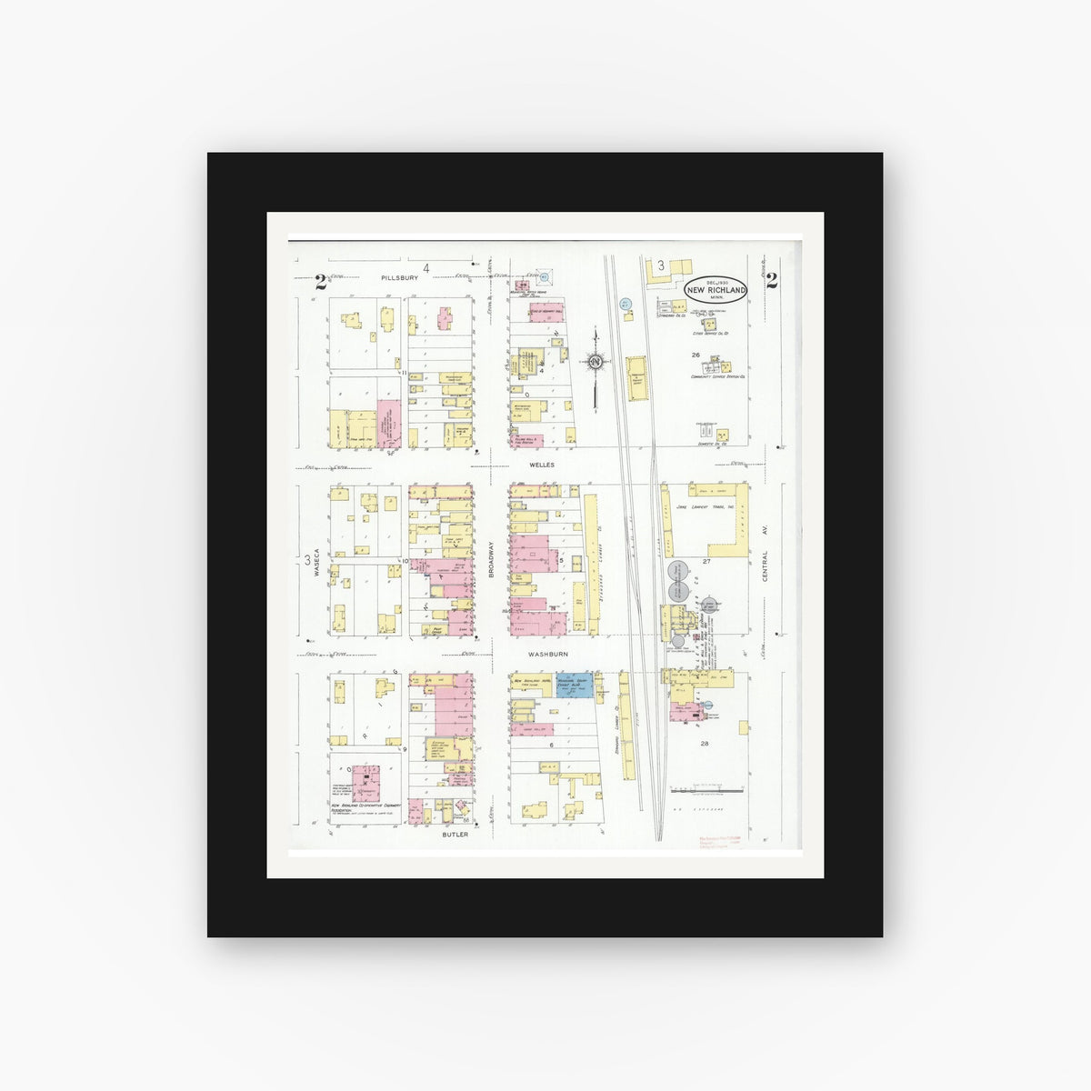 Old map wall art mockup — black gallery frame with white mat — Sanborn Fire Insurance Map from New Richland, Waseca County, Minnesota (1930), Sheet #0002