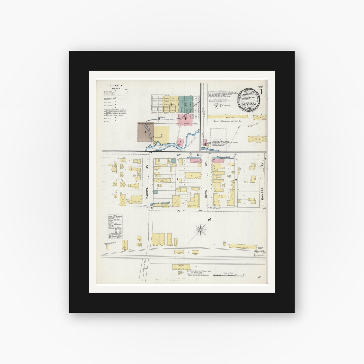 Old map wall art mockup — black gallery frame with white mat — Sanborn Fire Insurance Map from Hayward, Sawyer County, Wisconsin (1892) - Complete Map Set