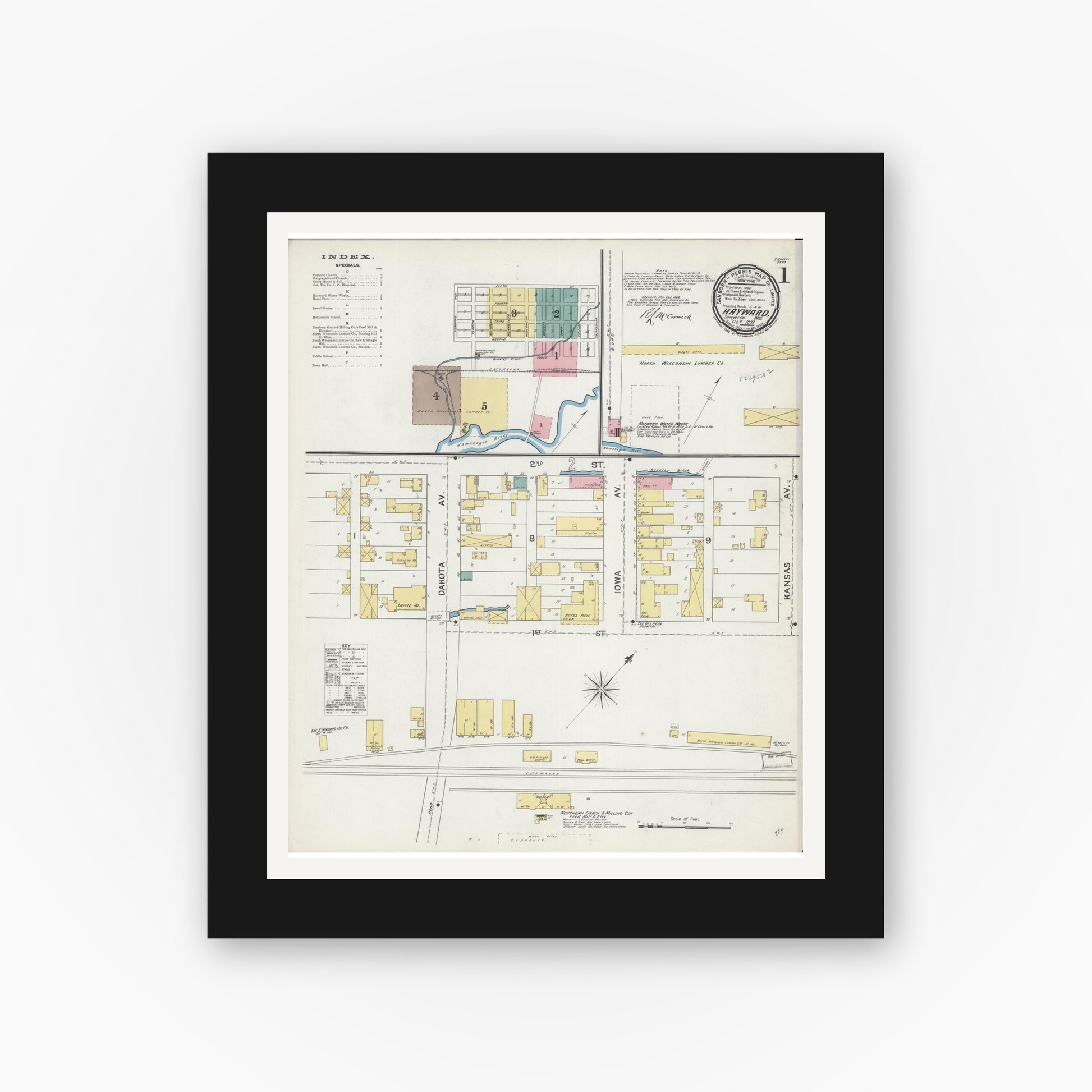 Old map wall art mockup — black gallery frame with white mat — Sanborn Fire Insurance Map from Hayward, Sawyer County, Wisconsin (1892) - Complete Map Set
