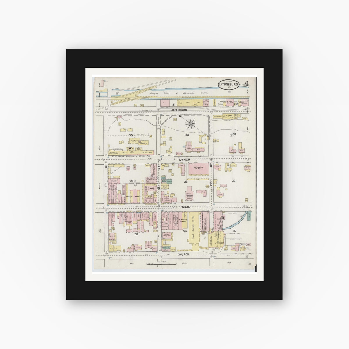 Old map wall art mockup — black gallery frame with white mat — Sanborn Fire Insurance Map from Lynchburg, Independent Cities, Virginia (1890), Sheet #0004