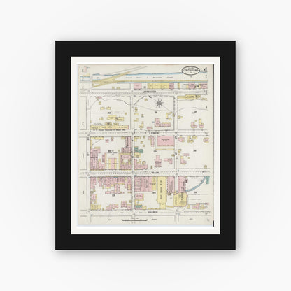 Old map wall art mockup — black gallery frame with white mat — Sanborn Fire Insurance Map from Lynchburg, Independent Cities, Virginia (1890), Sheet #0004