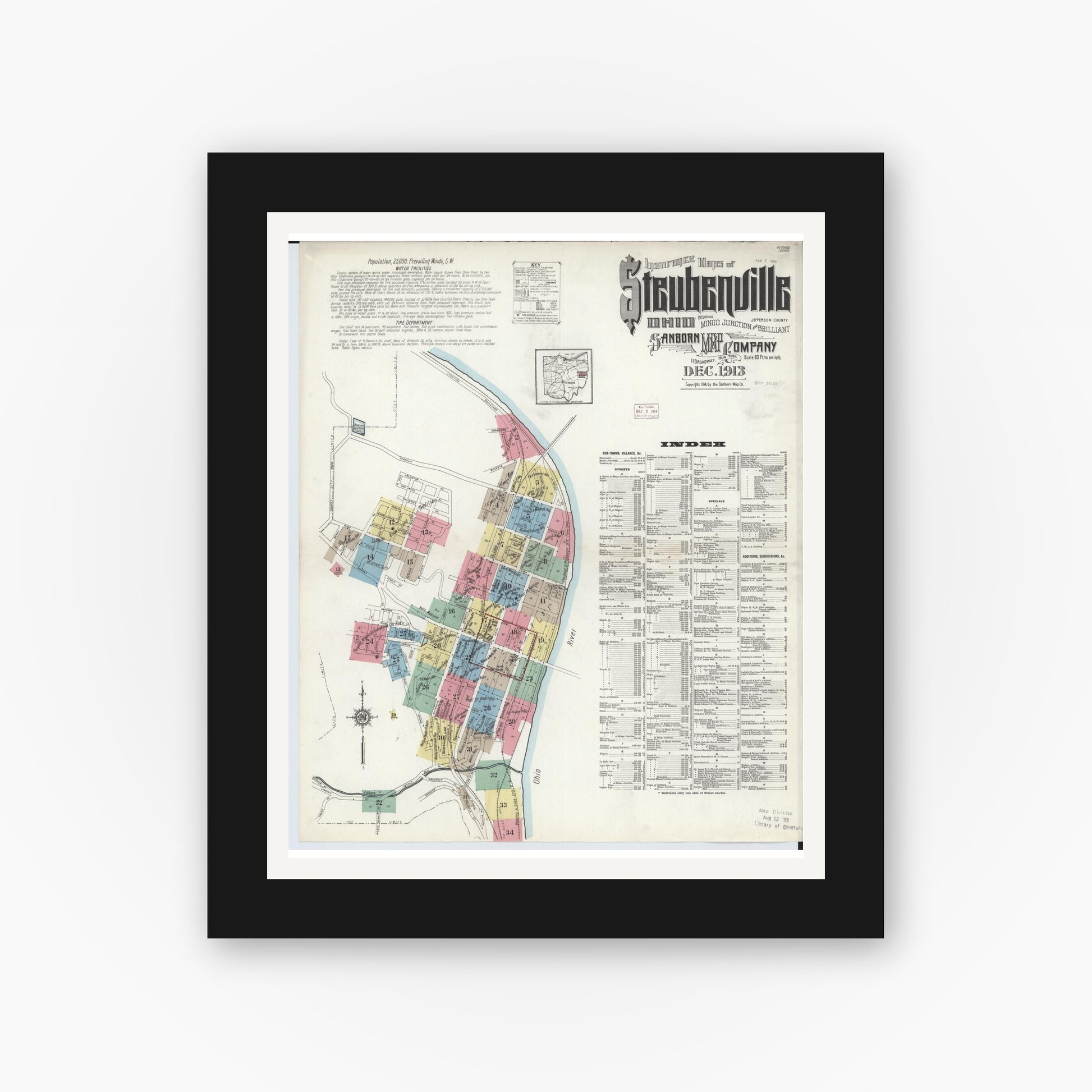 Old map wall art mockup — black gallery frame with white mat — Sanborn Fire Insurance Map from Steubenville, Jefferson County, Ohio (1913) - Complete Map Set
