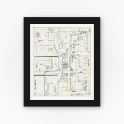 Old map wall art mockup — black gallery frame with white mat — Sanborn Fire Insurance Map from Neosho, Newton County, Missouri (1891), Sheet #0003