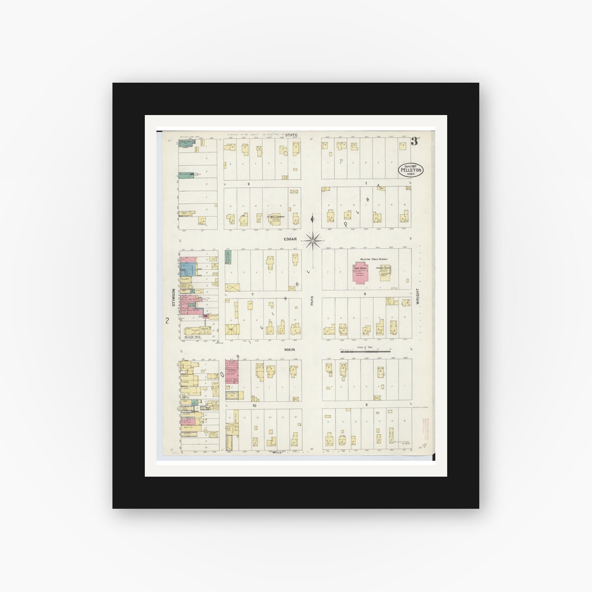 Old map wall art mockup — black gallery frame with white mat — Sanborn Fire Insurance Map from Pellston, Emmet County, Michigan (1907), Sheet #0003