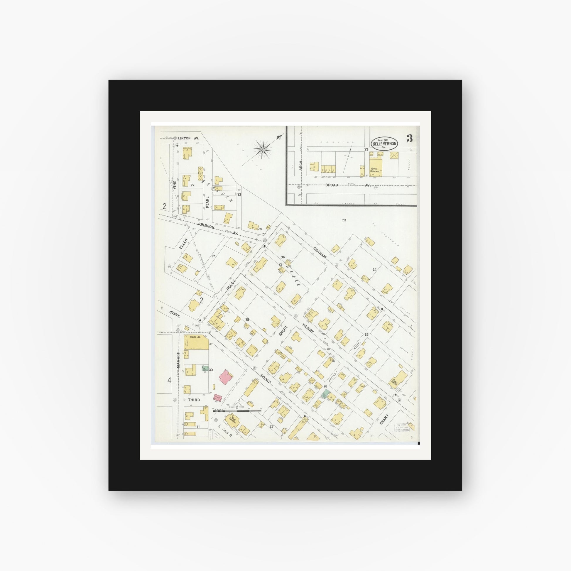 Old map wall art mockup — black gallery frame with white mat — Sanborn Fire Insurance Map from Belle Vernon, Fayette County, Pennsylvania (1900), Sheet #0003