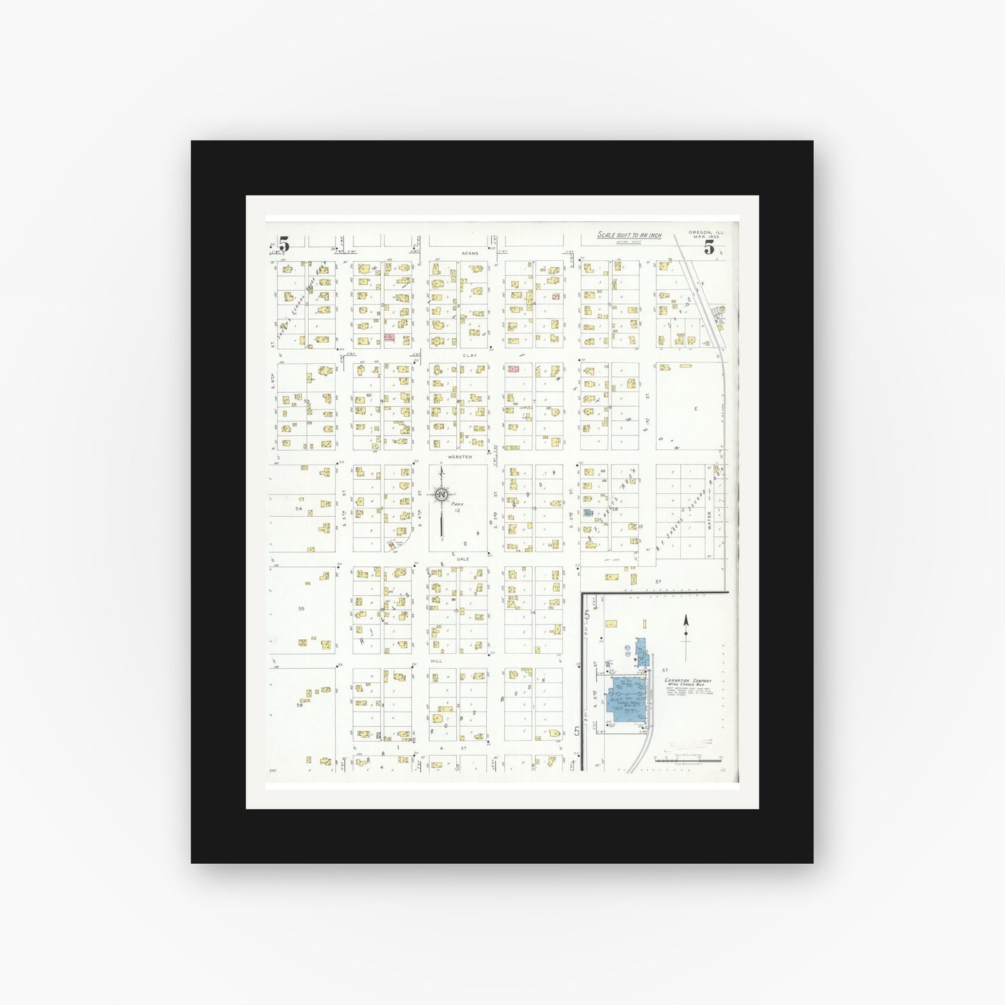 Old map wall art mockup — black gallery frame with white mat — Sanborn Fire Insurance Map from Oregon, Ogle County, Illinois (1933), Sheet #0005
