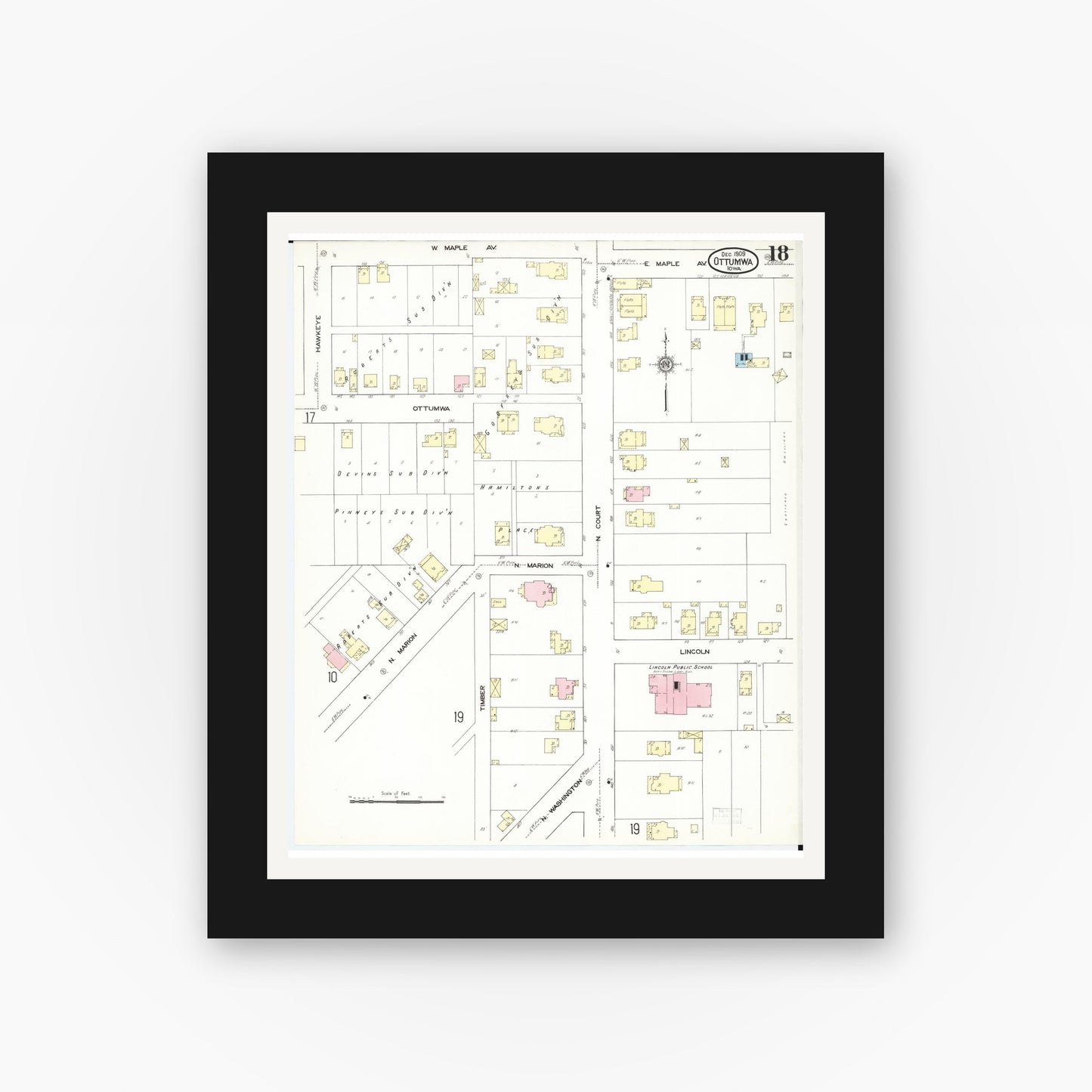 Old map wall art mockup — black gallery frame with white mat — Sanborn Fire Insurance Map from Ottumwa, Wapello County, Iowa (1909), Sheet #0018