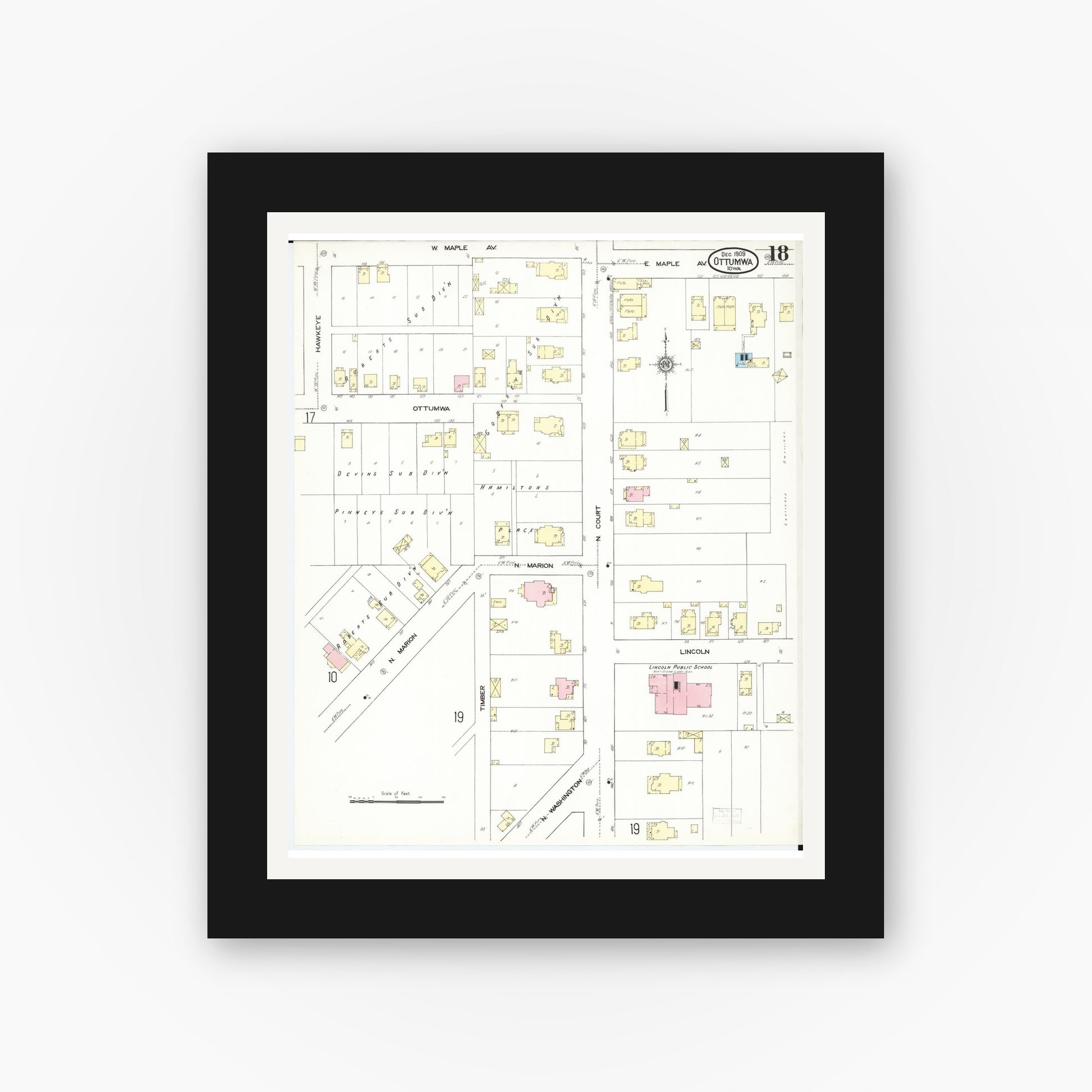 Old map wall art mockup — black gallery frame with white mat — Sanborn Fire Insurance Map from Ottumwa, Wapello County, Iowa (1909), Sheet #0018