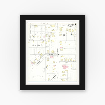 Old map wall art mockup — black gallery frame with white mat — Sanborn Fire Insurance Map from Ottumwa, Wapello County, Iowa (1909), Sheet #0018
