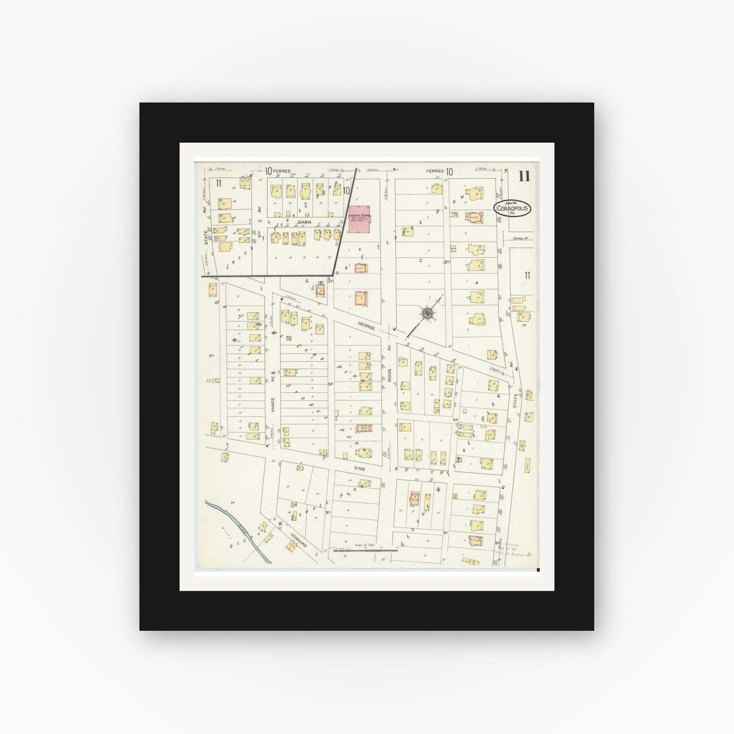 Old map wall art mockup — black gallery frame with white mat — Sanborn Fire Insurance Map from Coraopolis, Allegheny County, Pennsylvania (1911), Sheet #0011