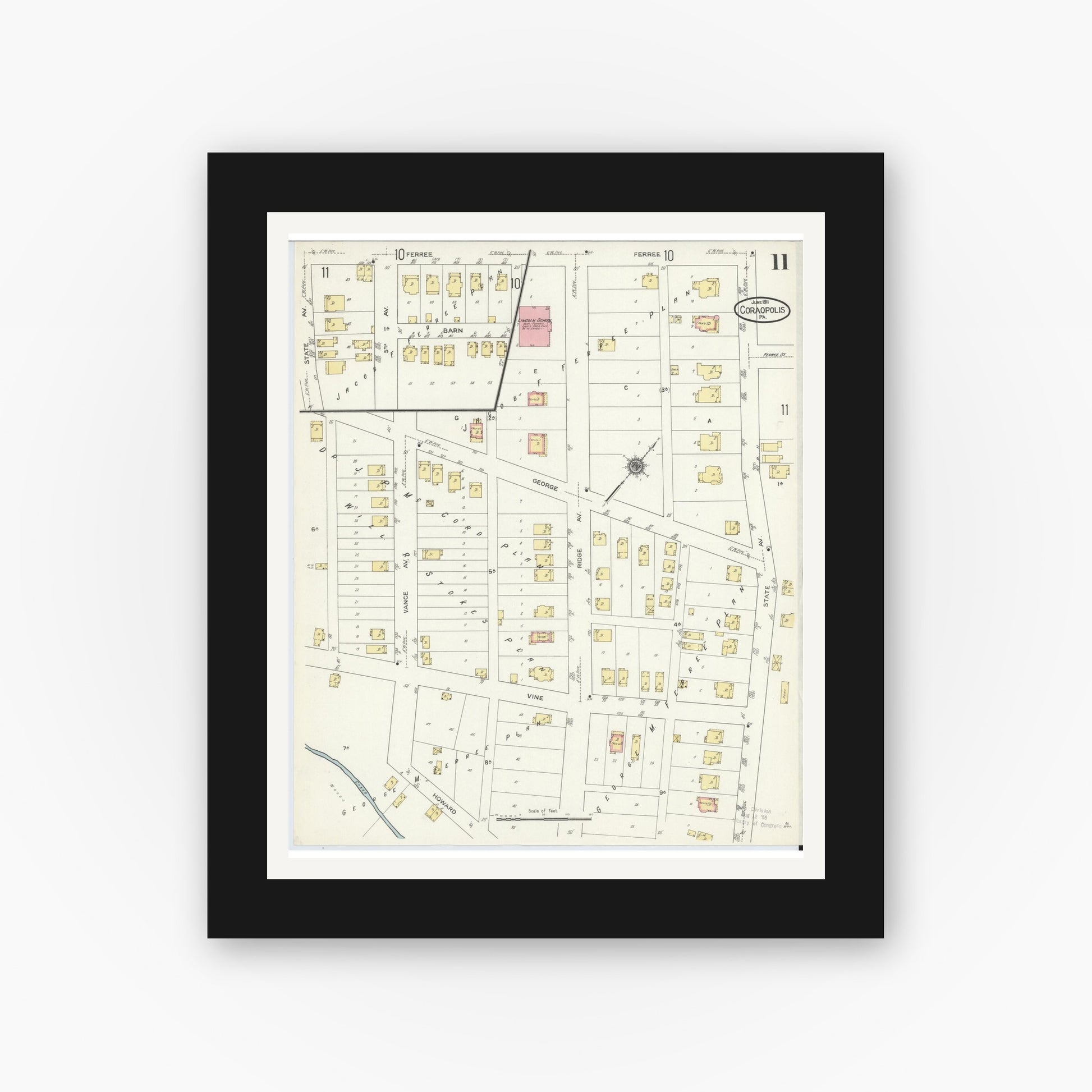 Old map wall art mockup — black gallery frame with white mat — Sanborn Fire Insurance Map from Coraopolis, Allegheny County, Pennsylvania (1911), Sheet #0011
