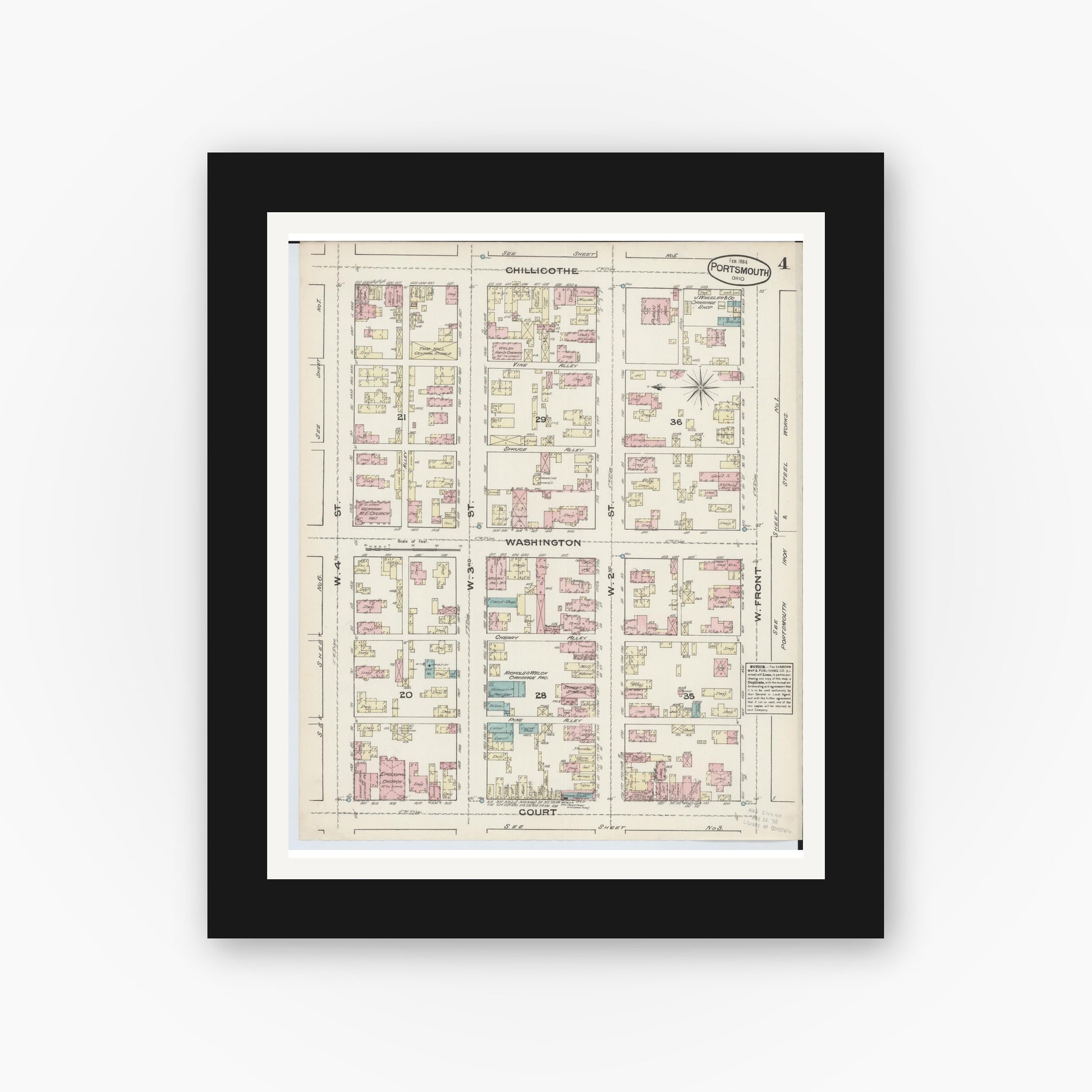 Old map wall art mockup — black gallery frame with white mat — Sanborn Fire Insurance Map from Portsmouth, Scioto County, Ohio (1884), Sheet #0004