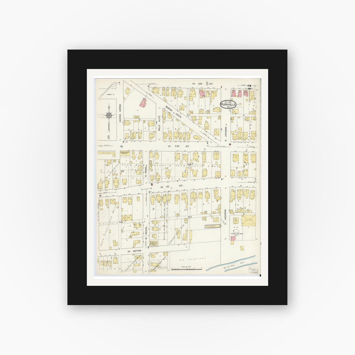 Old map wall art mockup — black gallery frame with white mat — Sanborn Fire Insurance Map from Rushville, Rush County, Indiana (1913), Sheet #0002