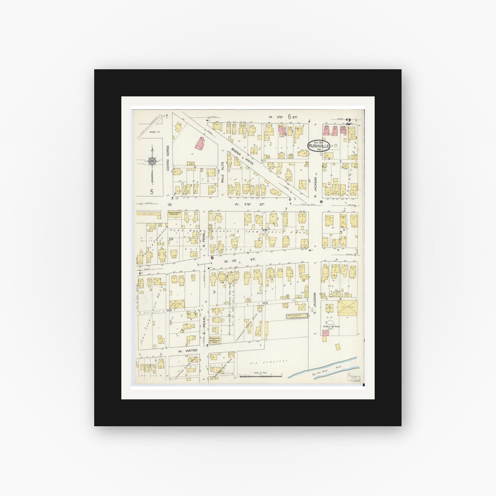 Old map wall art mockup — black gallery frame with white mat — Sanborn Fire Insurance Map from Rushville, Rush County, Indiana (1913), Sheet #0002