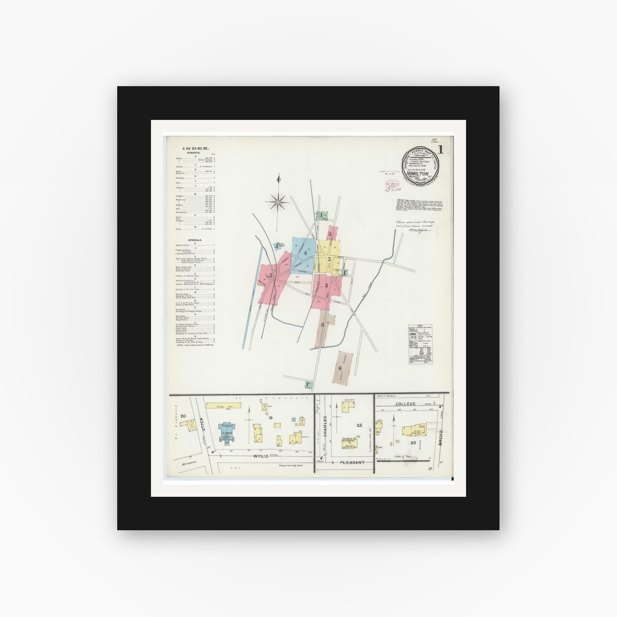 Old map wall art mockup — black gallery frame with white mat — Sanborn Fire Insurance Map from Hamilton, Madison County, New York (1896) - Complete Map Set
