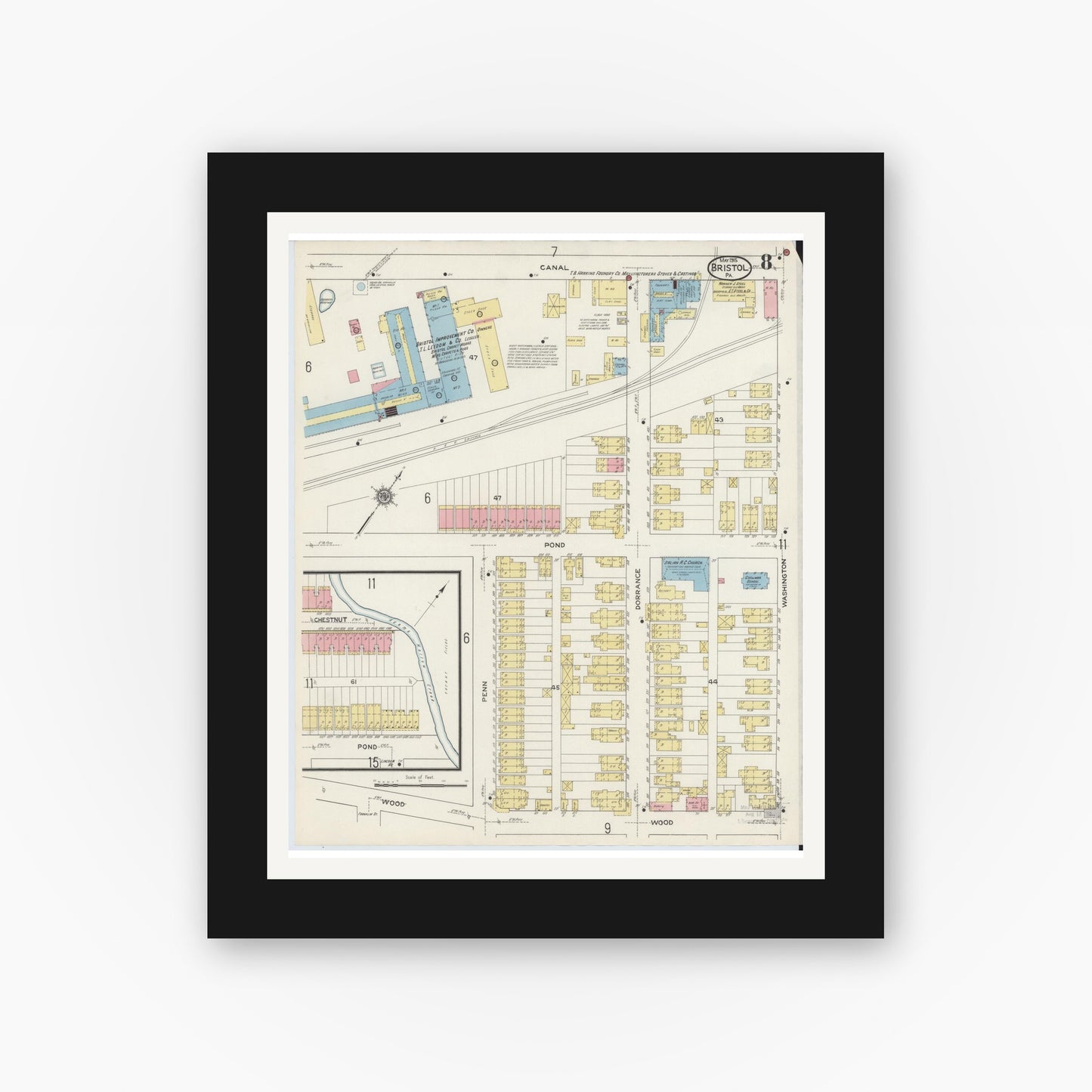 Old map wall art mockup — black gallery frame with white mat — Sanborn Fire Insurance Map from Bristol, Bucks County, Pennsylvania (1915), Sheet #0008