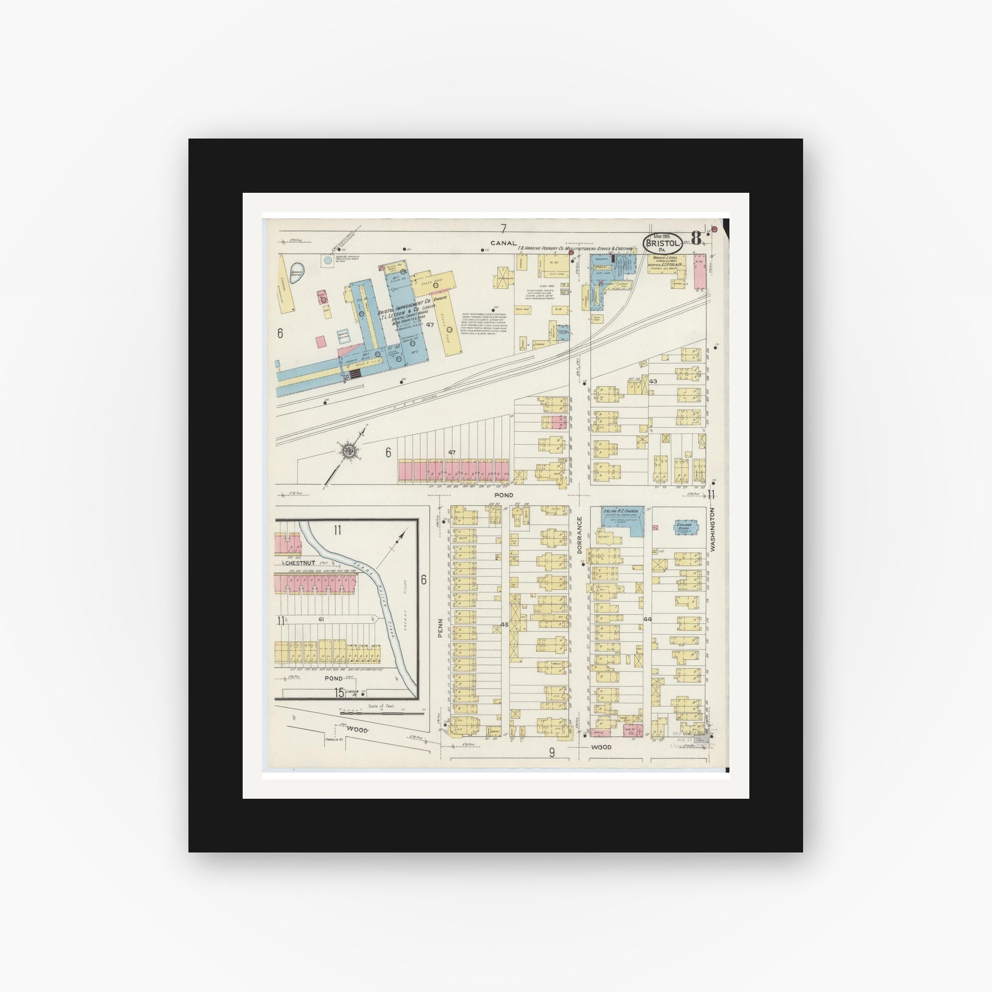 Old map wall art mockup — black gallery frame with white mat — Sanborn Fire Insurance Map from Bristol, Bucks County, Pennsylvania (1915), Sheet #0008