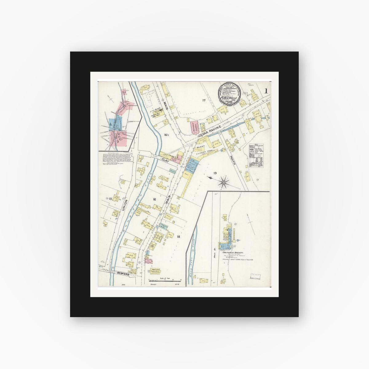 Old map wall art mockup — black gallery frame with white mat — Sanborn Fire Insurance Map from Placerville, El Dorado County, California (1891) - Complete Map Set