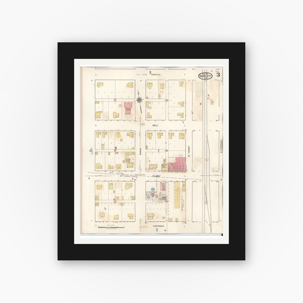 Old map wall art mockup — black gallery frame with white mat — Sanborn Fire Insurance Map from Bartlett, Bell and Williamson Counties, Texas (1940), Sheet #0003