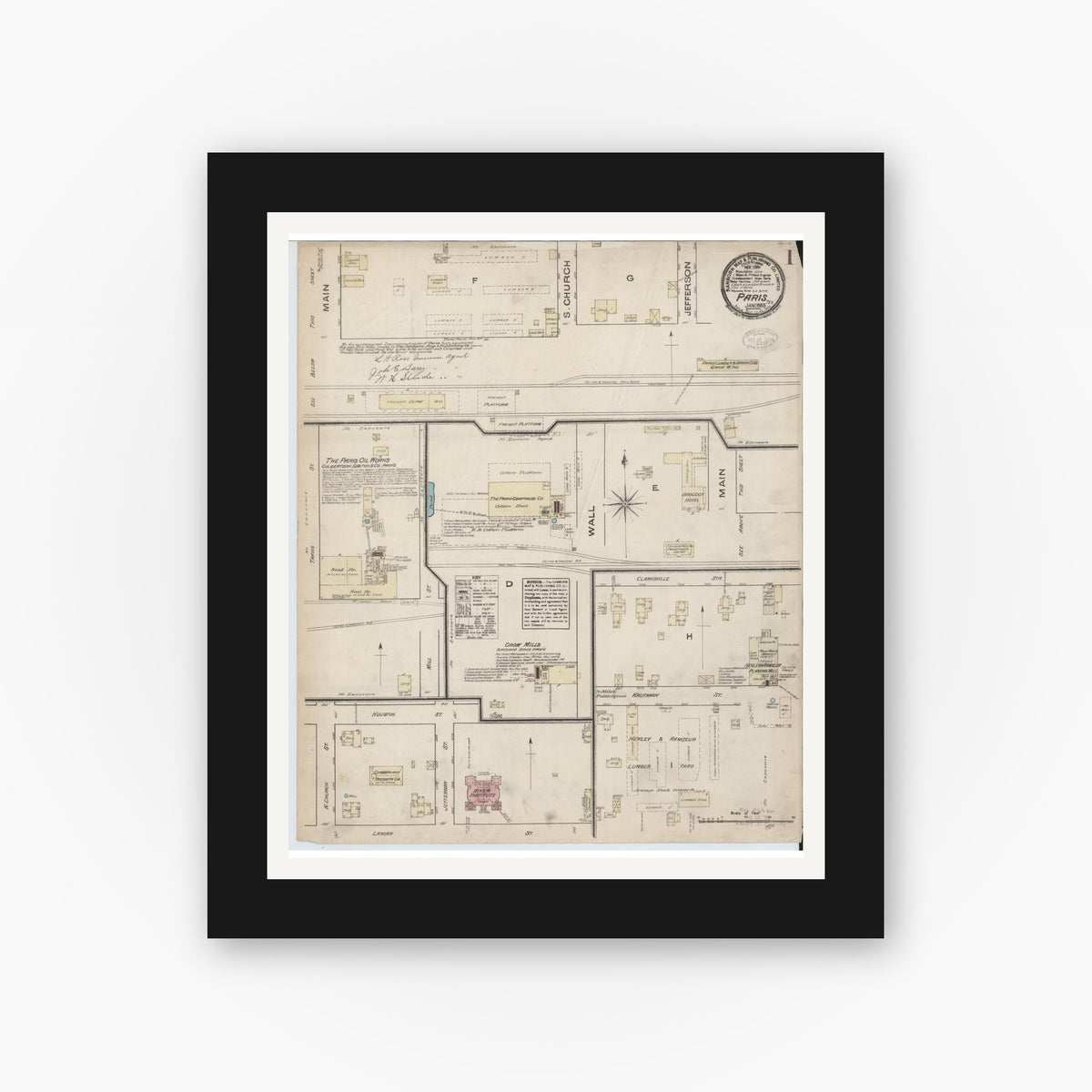 Old map wall art mockup — black gallery frame with white mat — Sanborn Fire Insurance Map from Paris, Lamar County, Texas (1885) - Complete Map Set