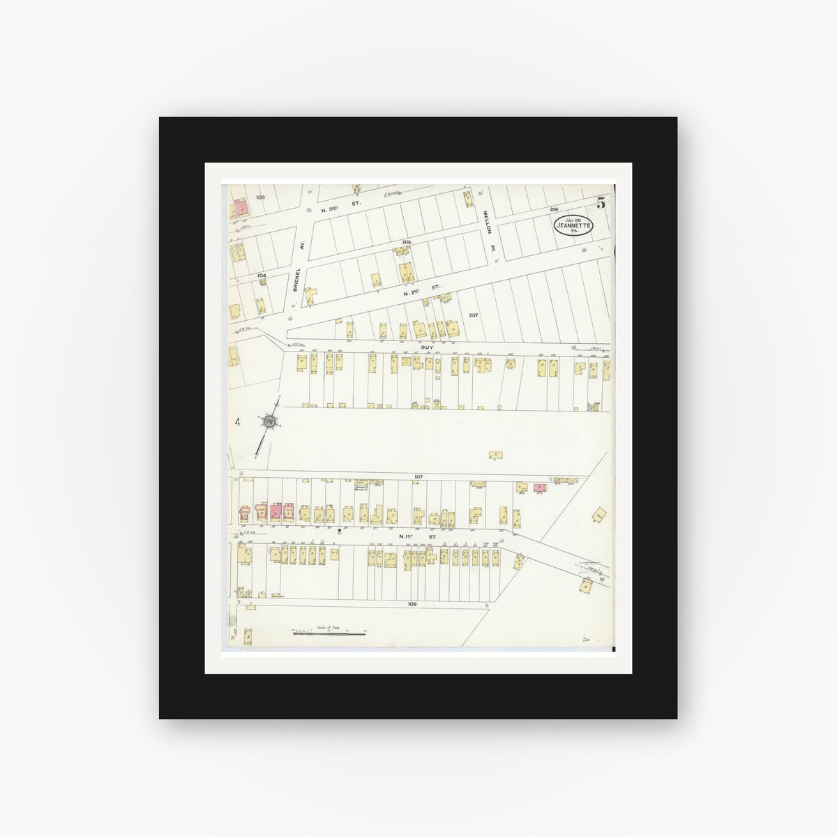Old map wall art mockup — black gallery frame with white mat — Sanborn Fire Insurance Map from Jeannette, Westmoreland County, Pennsylvania (1910), Sheet #0005