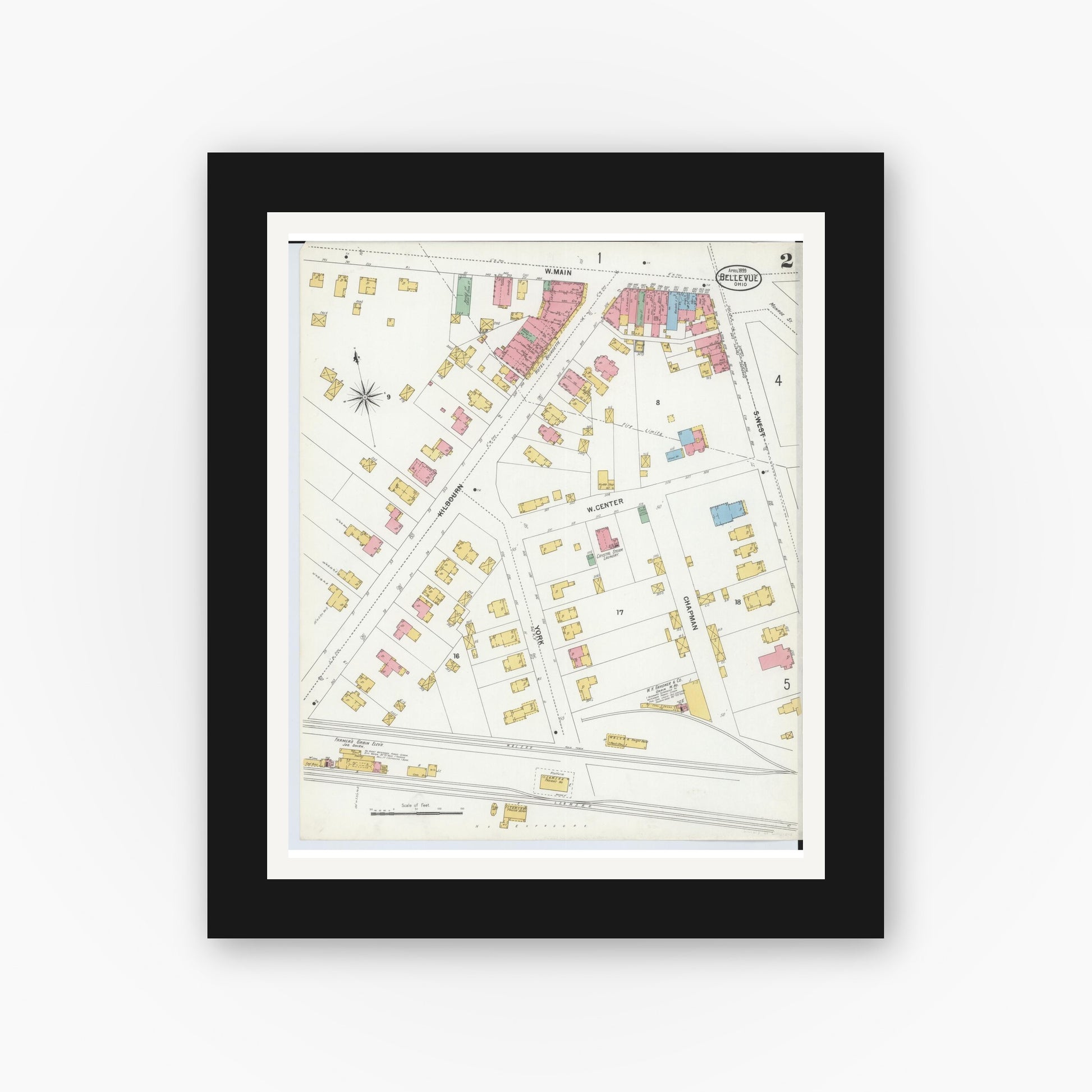 Old map wall art mockup — black gallery frame with white mat — Sanborn Fire Insurance Map from Bellevue, Huron And Sandusky County, Ohio (1899), Sheet #0002