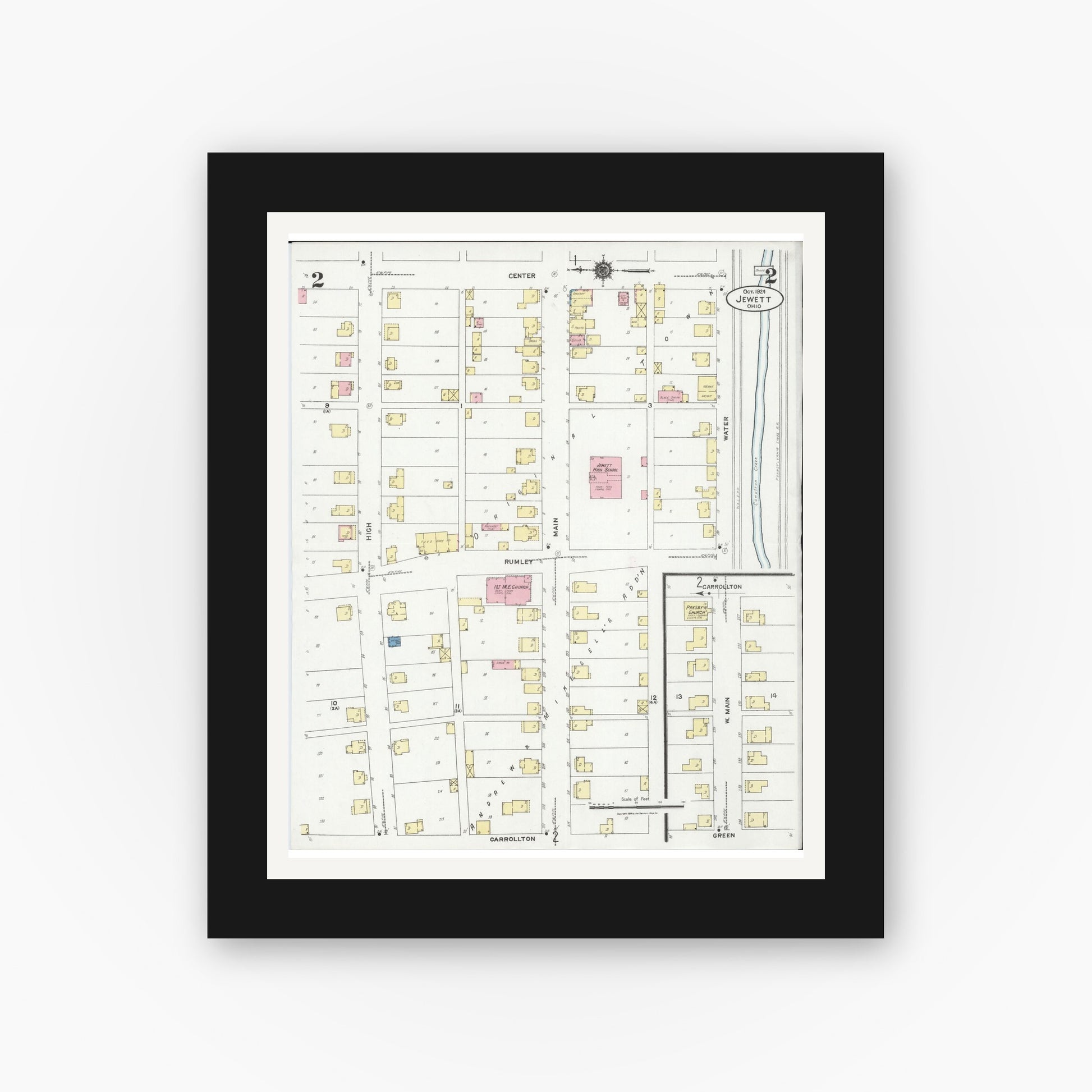Old map wall art mockup — black gallery frame with white mat — Sanborn Fire Insurance Map from Jewett, Harrison County, Ohio (1924), Sheet #0002