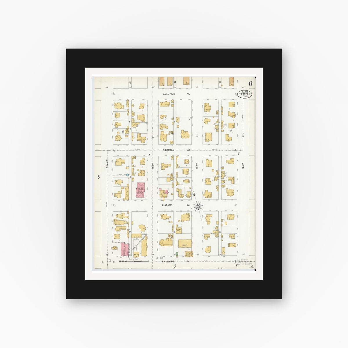 Old map wall art mockup — black gallery frame with white mat — Sanborn Fire Insurance Map from Temple, Bell County, Texas (1900), Sheet #0006