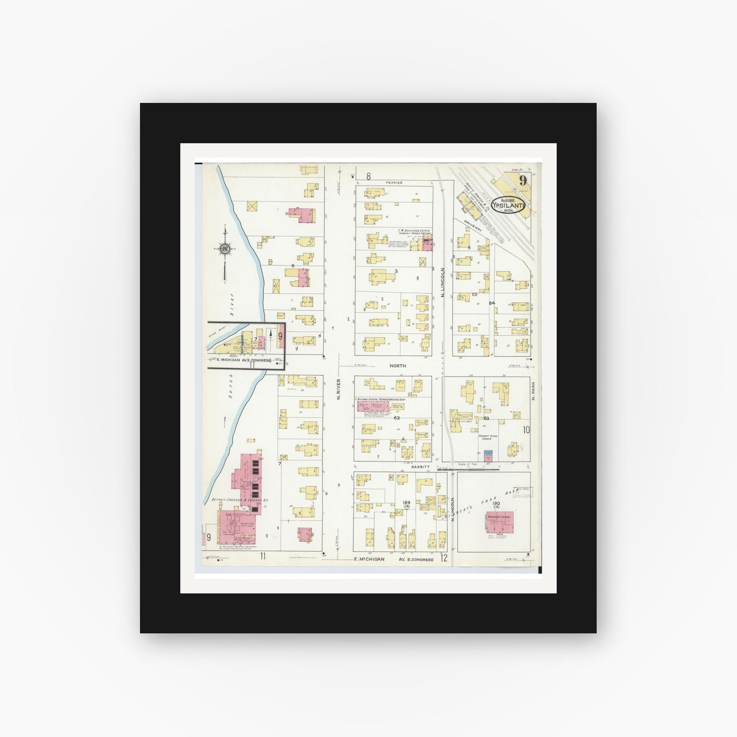 Old map wall art mockup — black gallery frame with white mat — Sanborn Fire Insurance Map from Ypsilanti, Washtenaw County, Michigan (1916), Sheet #0009