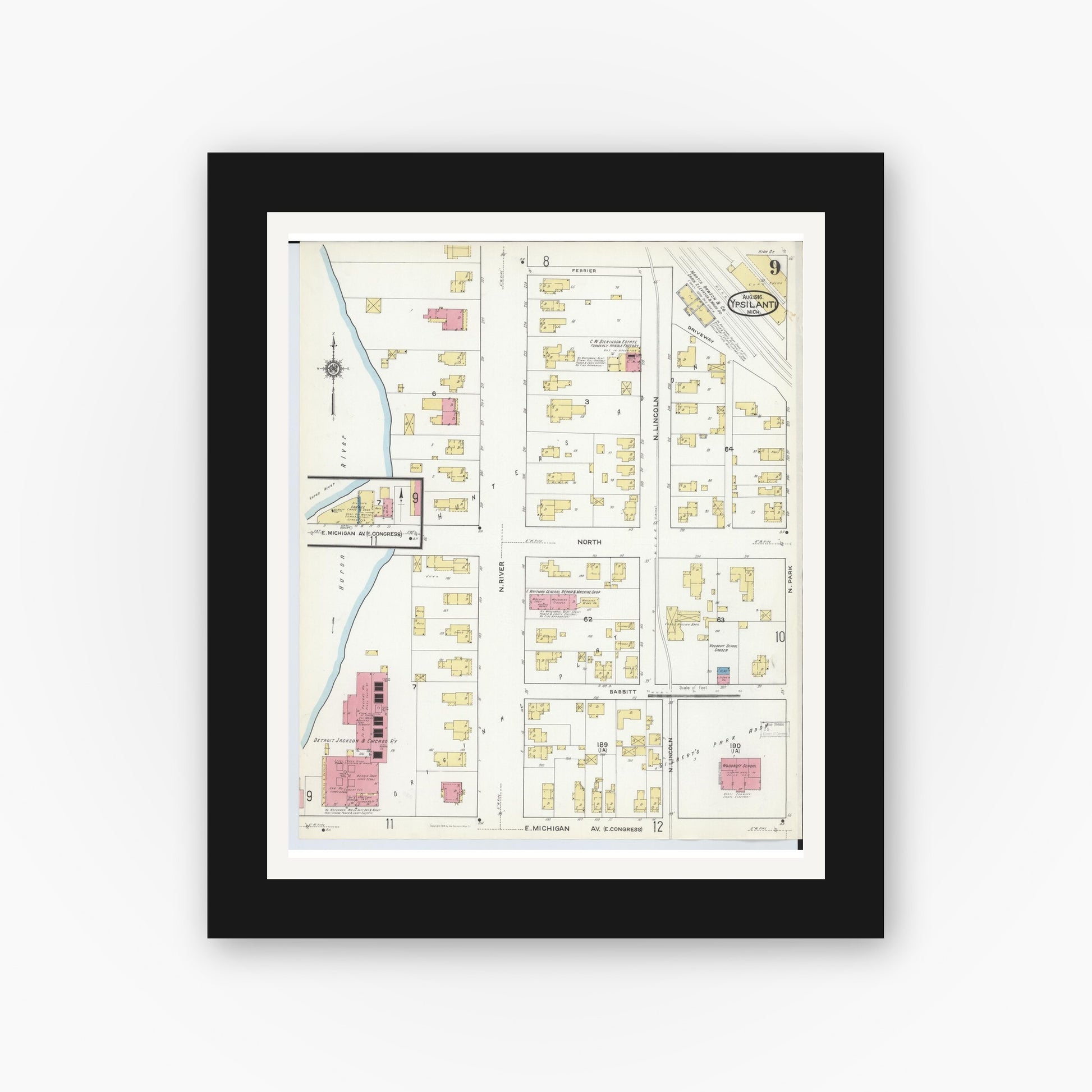 Old map wall art mockup — black gallery frame with white mat — Sanborn Fire Insurance Map from Ypsilanti, Washtenaw County, Michigan (1916), Sheet #0009