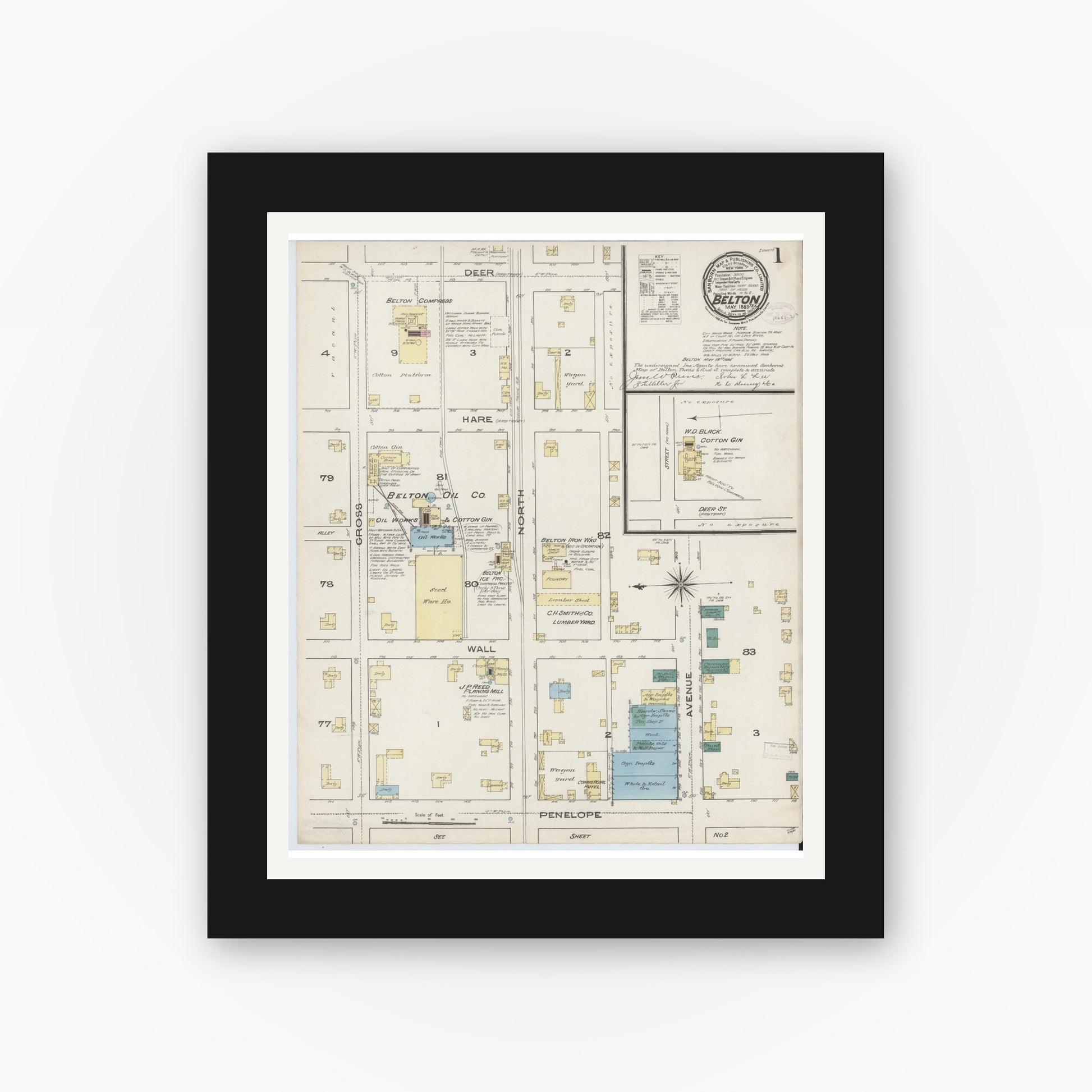 Old map wall art mockup — black gallery frame with white mat — Sanborn Fire Insurance Map from Belton, Bell County, Texas (1885), Sheet #0001