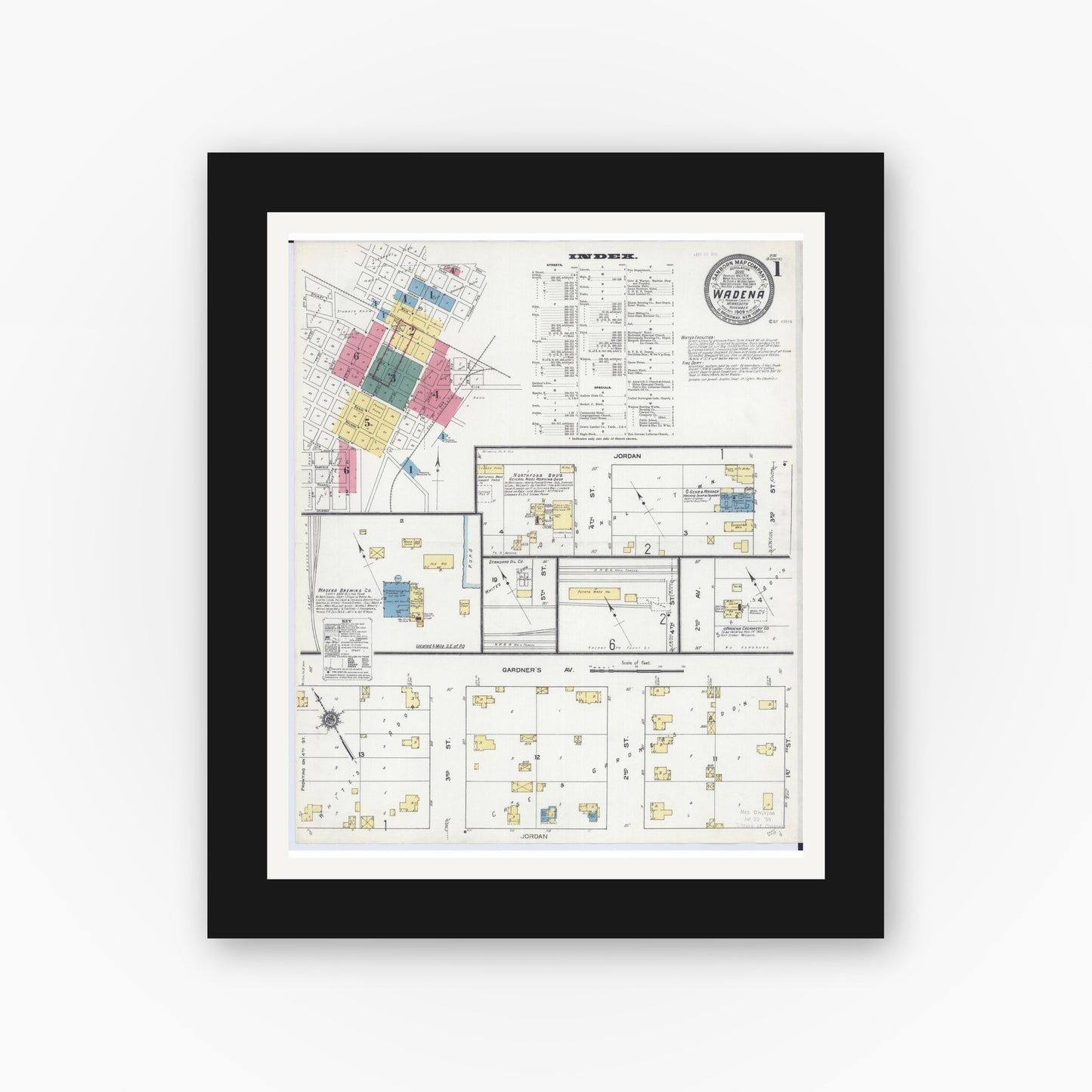 Old map wall art mockup — black gallery frame with white mat — Sanborn Fire Insurance Map from Wadena, Wadena County, Minnesota (1909) - Complete Map Set
