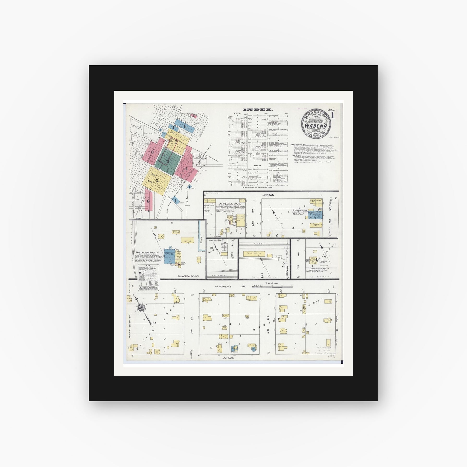 Old map wall art mockup — black gallery frame with white mat — Sanborn Fire Insurance Map from Wadena, Wadena County, Minnesota (1909) - Complete Map Set